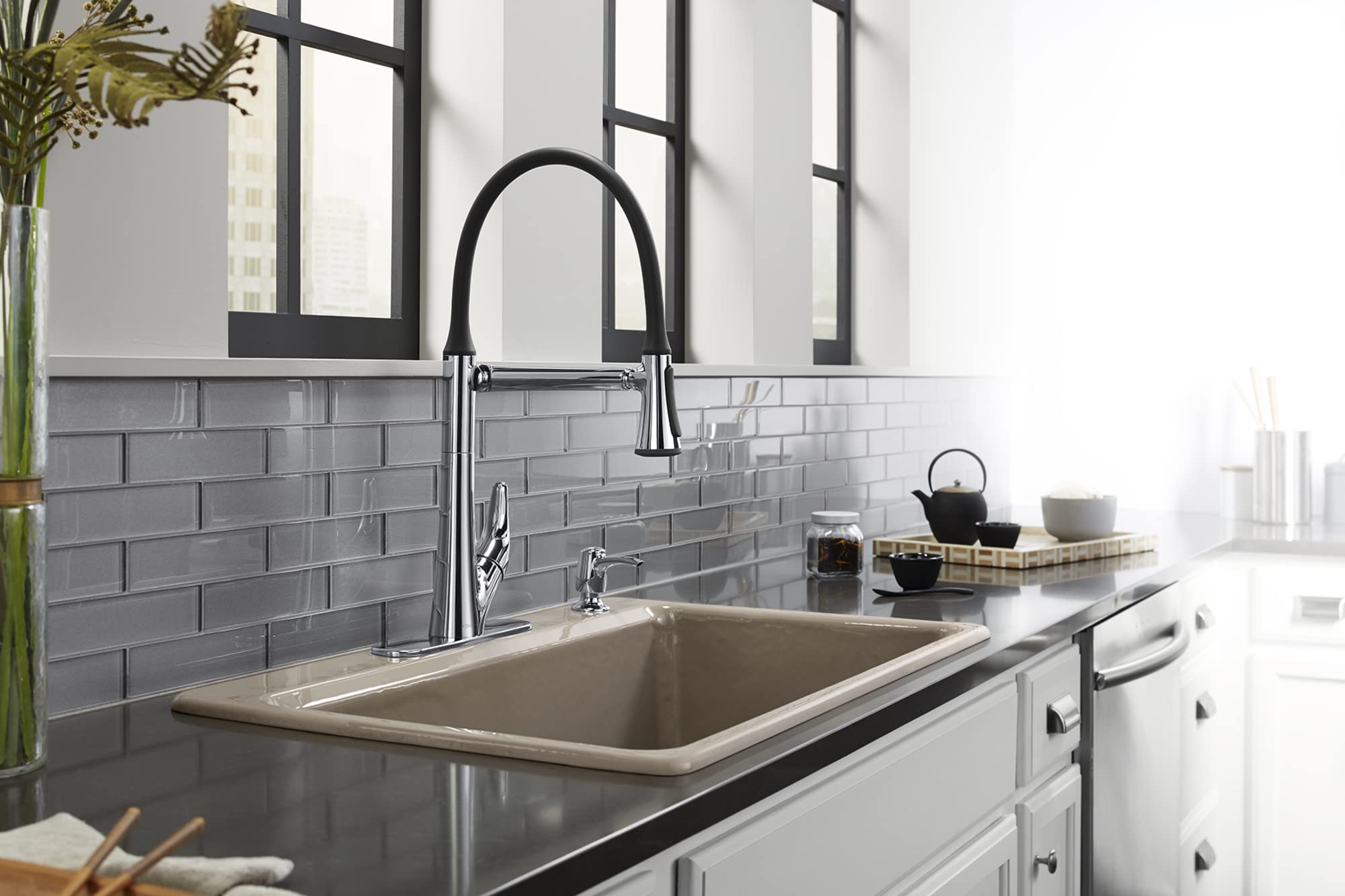 KOHLER R77764-SD-CP Arise Articulating Pull Down Kitchen Faucet with Sprayer & Soap Dispenser - Polished Chrome - Modern Kitchen Sink Faucet for Easy Dishwashing & Food Prep