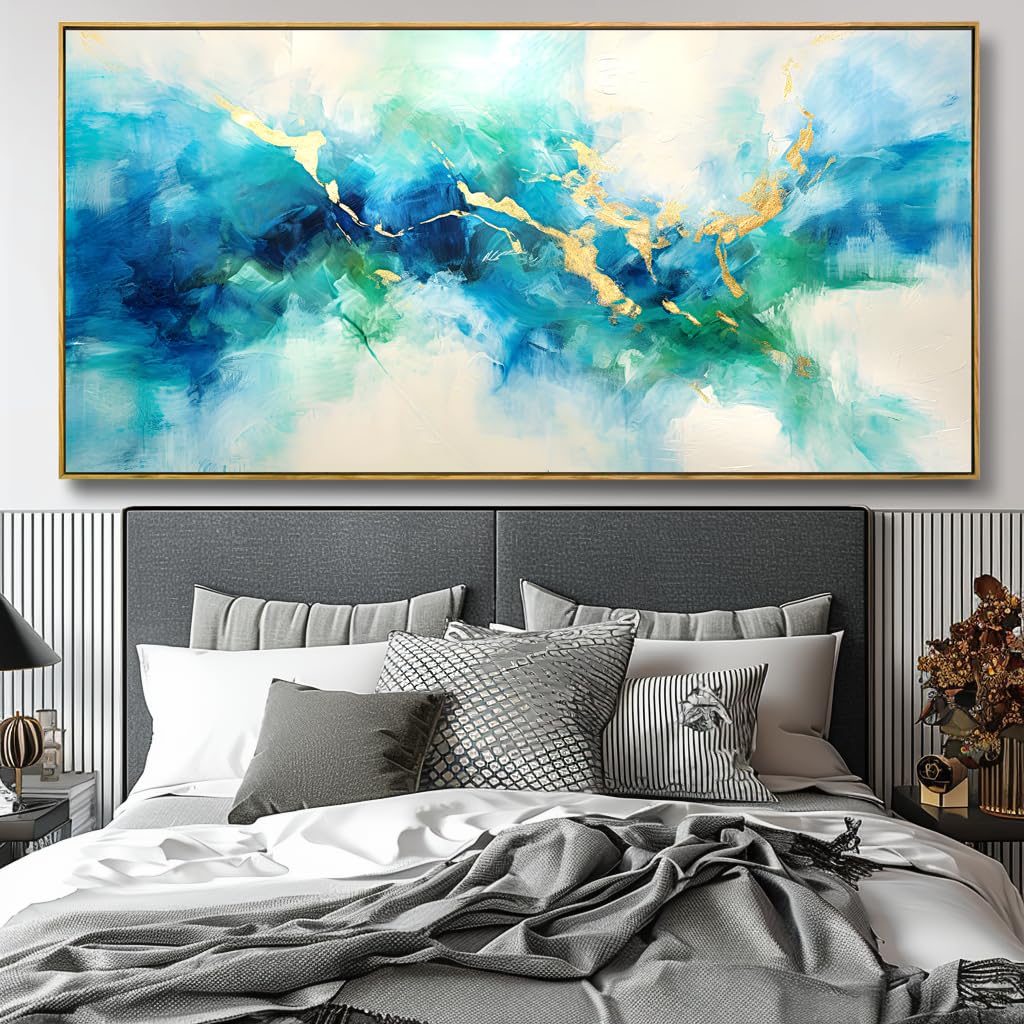 Abstract Canvas Wall Art - Green, Blue & Gold Fantasy Painting - Modern Home Decor for Bedroom, Living Room, Dining Room & Office - 24x48 Inch Framed Artwork - Perfect for Contemporary Spaces & Gift Giving