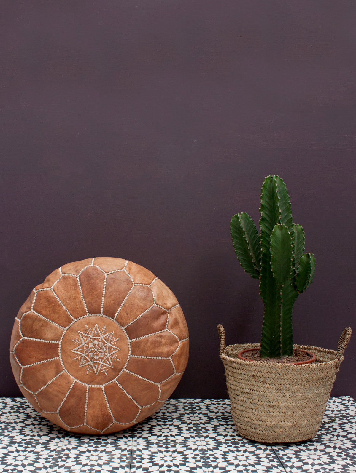 Handmade Moroccan Leather Pouffe Ottoman - Genuine Leather Footstool, Tan - Perfect for Living Room, Bedroom & Boho Decor