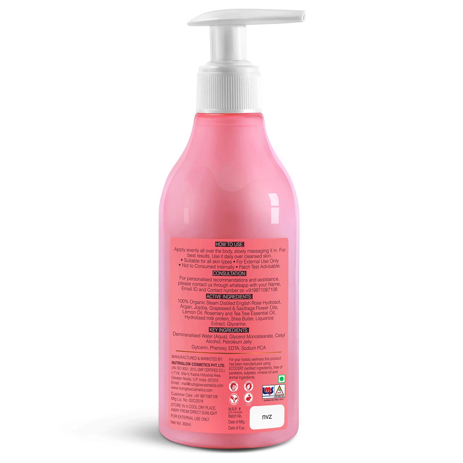 NutriGlow NATURAL'S English Rose Body Milk - Intensive Nourishment & 8 Hour Moisture Lock for Dry Skin | Repairs Skin Damage, Paraben-Free with Mineral Water, 300ml | Perfect for Daily Hydration & Post-Shower Skincare Routine