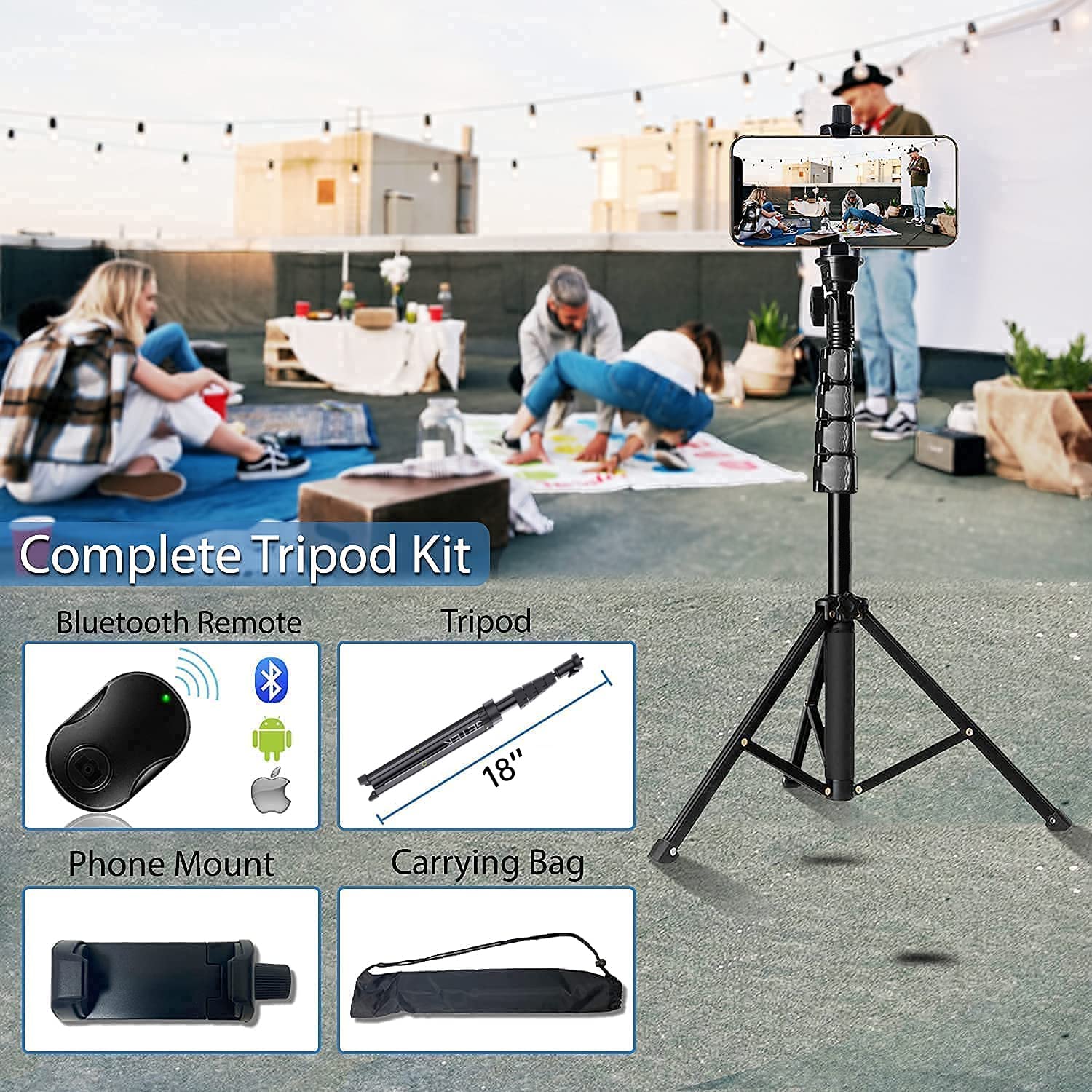 Fugetek 67-inch Professional Phone Tripod Stand with Bluetooth Remote - Portable Aluminum All-in-One Camera Tripod for iPhone 15/14/13 Pro Max, Samsung Galaxy S23/S22, Android Smartphones - Includes Phone Mount & Non-Slip Feet (Black) - Perfect for Vlogging, Live Streaming & Group Photos