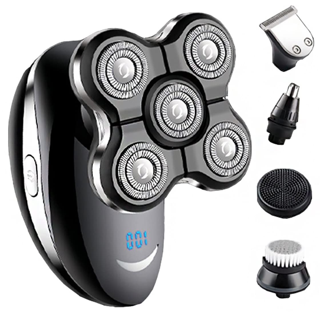 5-in-1 Rechargeable Electric Razor for Men - Waterproof Shaver, Beard Trimmer, Nose Hair & Bald Head Clipper - Perfect for Travel, Home & Gym Use