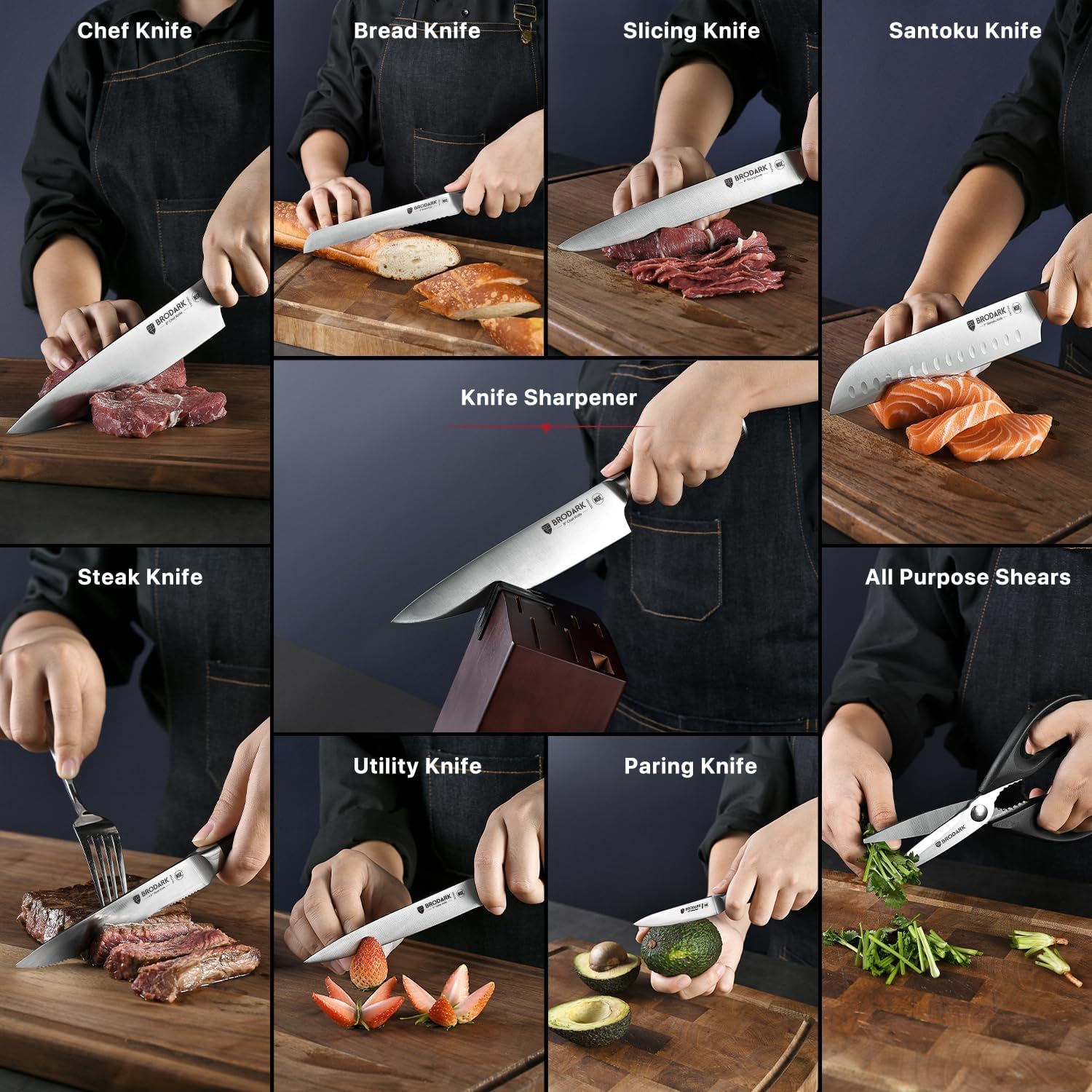 15-Piece Professional German Stainless Steel Knife Block Set - Ultra Sharp Kitchen Knives with Wooden Block & Sharpener - Ergonomic Full Tang Chef Knives for Slicing, Dicing, and Meal Prep - Perfect for Home Cooks & Professional Kitchens