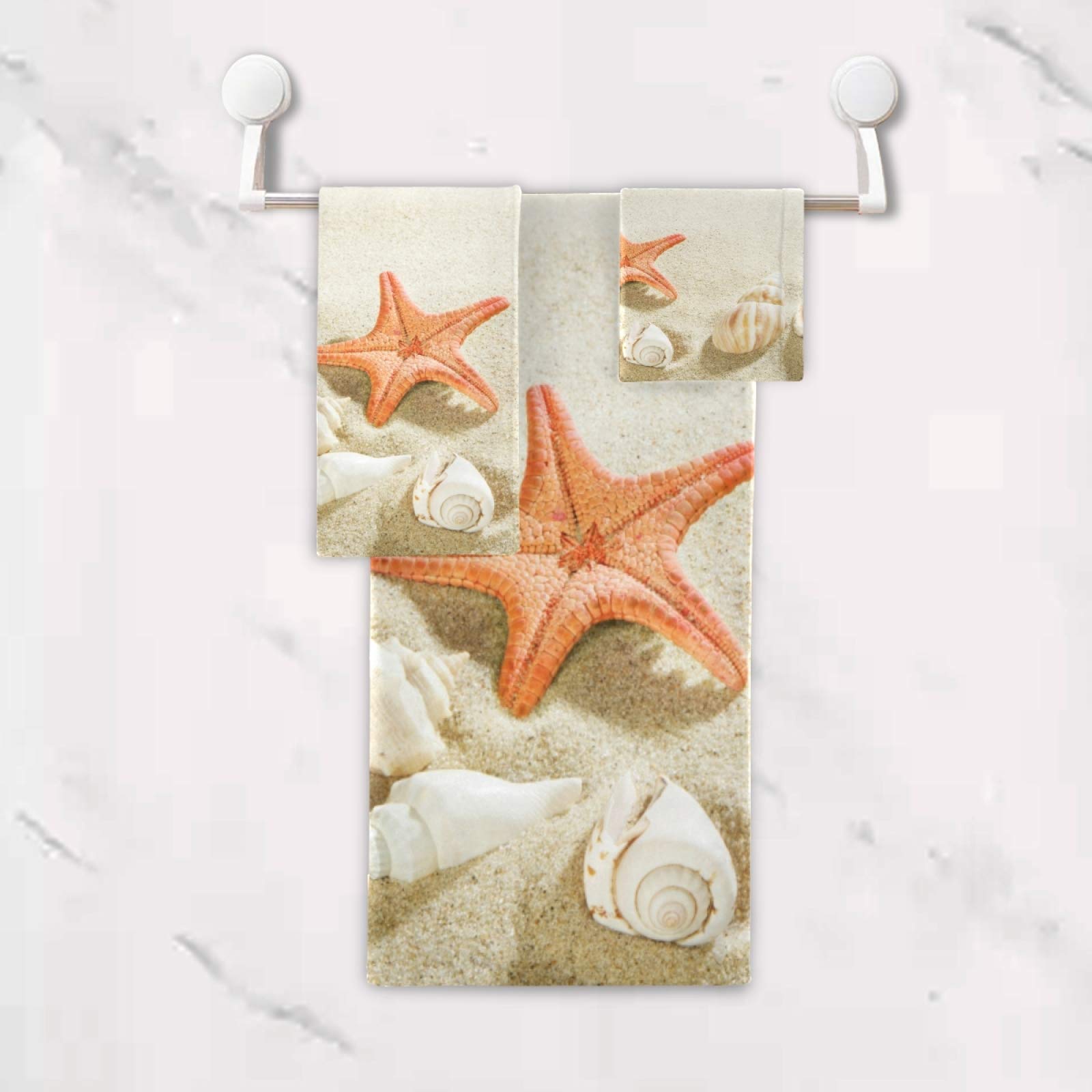 ALAZA Luxury Soft Starfish Seashell Bath Towel Set - 1 Bath Towel, 1 Hand Towel, 1 Washcloth - Decorative Beach Towels for Bathroom, Kitchen, Spa & Summer Vacation - Premium 3-Piece Towel Set for Home & Travel