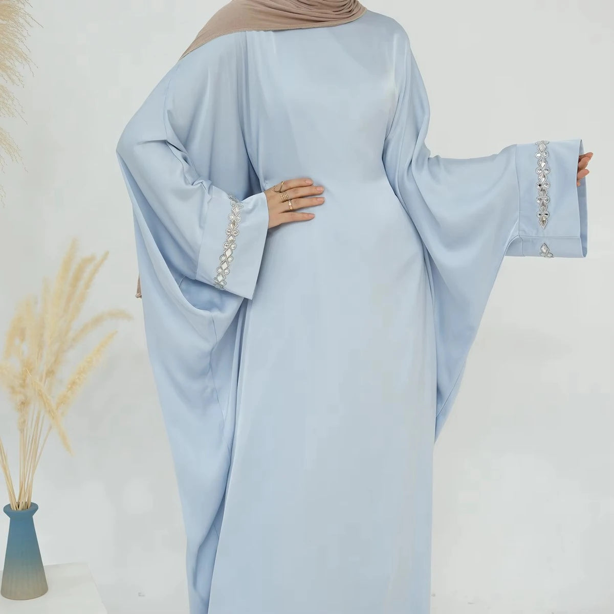 Hotfix Rhinestone Satin Abaya Dress #25814 - Elegant Islamic Evening Gown for Women, Perfect for Weddings, Parties & Special Occasions