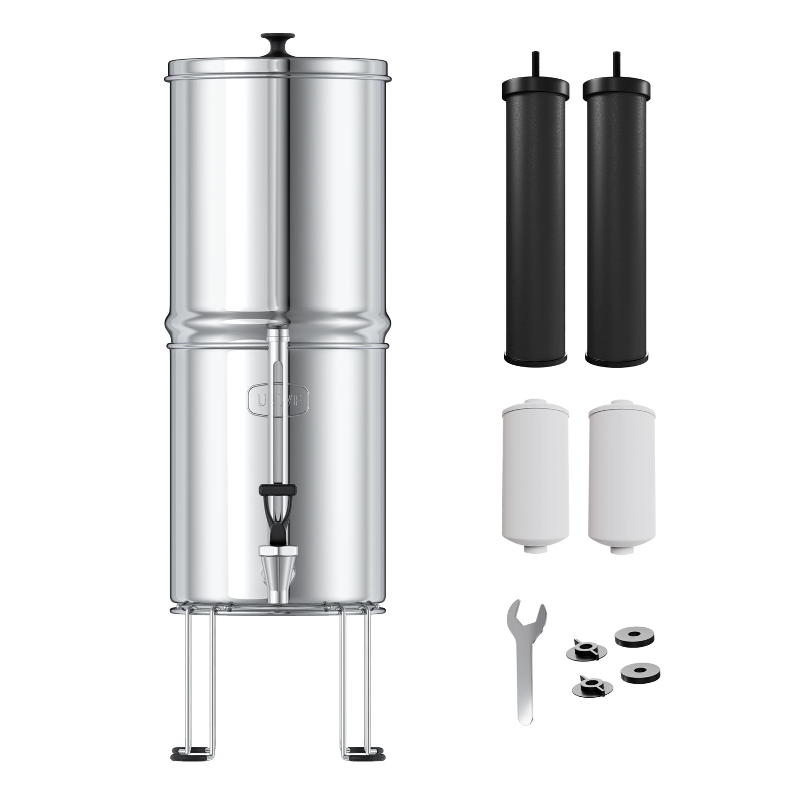 USWF Gravity Fed Water Filter System - 2.25 Gallon Stainless Steel Water Purifier with 2 Carbon Filters & 2 Fluoride Filters | Portable Countertop Water Filtration with Metal Sight Glass Spigot & Stand | NSF/ANSI 372 Certified | Perfect for Camping, Emergency Preparedness & Off-Grid Living