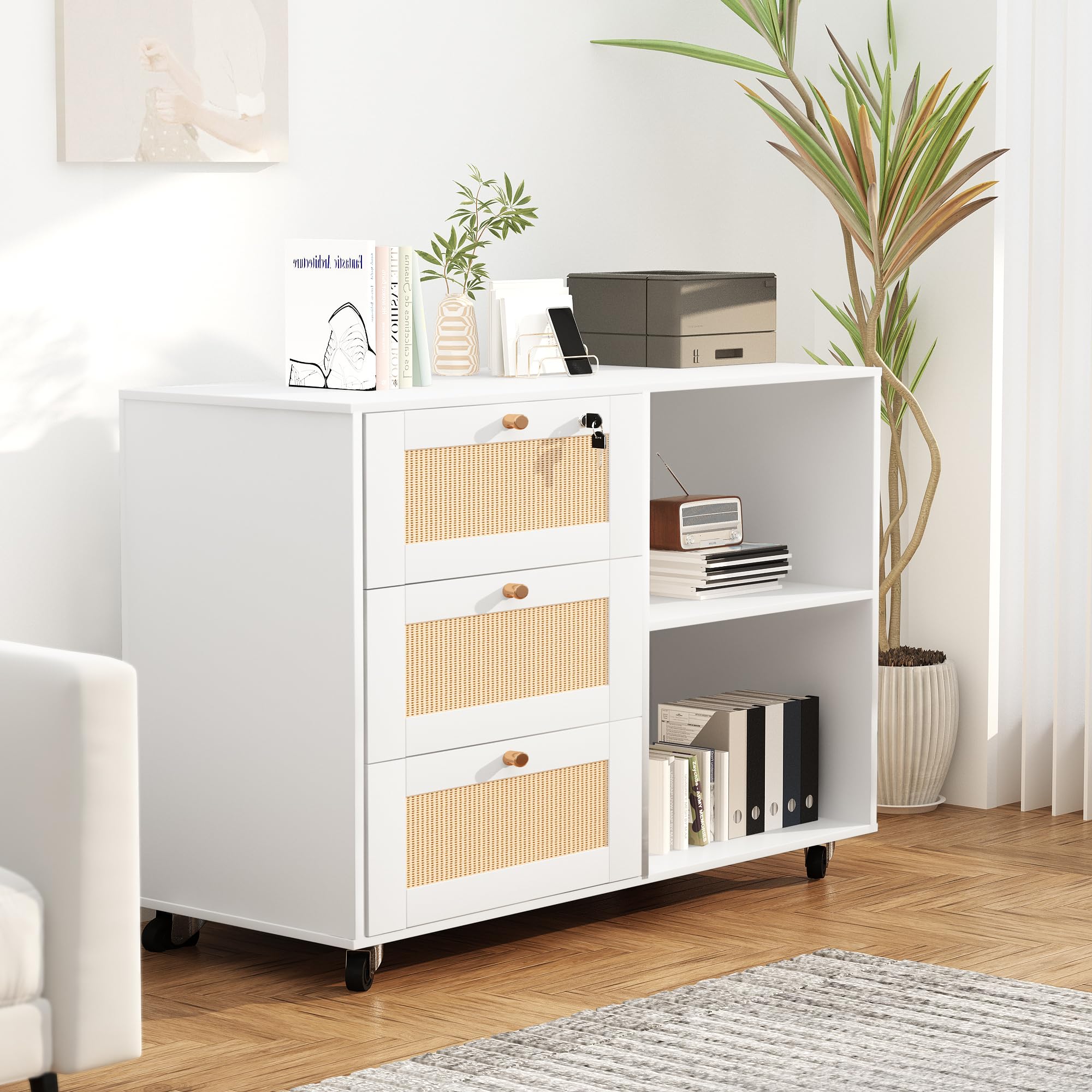 AWQM 3-Drawer Wooden Filing Cabinet with Lock - Office Storage Cabinet, Printer Stand with Open Shelves, Rattan Mobile File Organizer for Home & Office, White - Perfect for Document Storage, Printer Organization & Home Office Decor