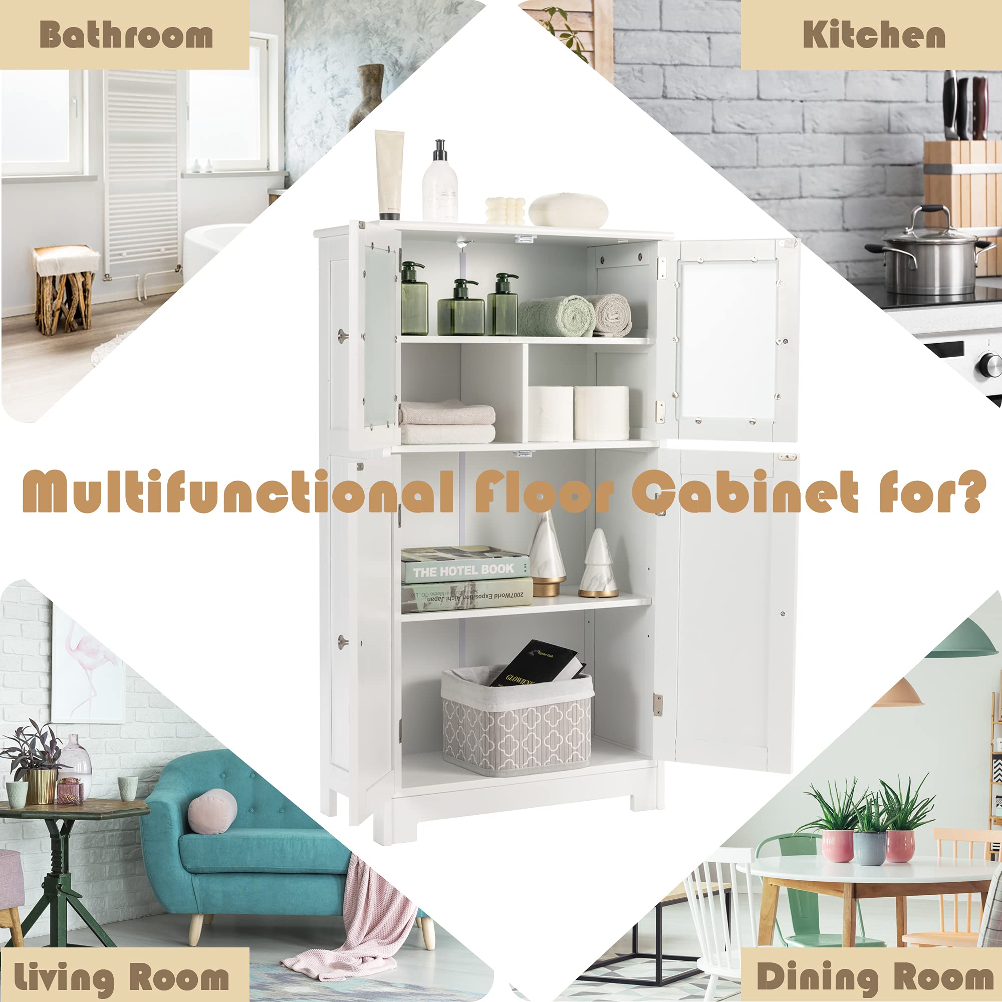LOKO White Bathroom Floor Cabinet with Glass Doors - Wooden Storage Cabinet with Adjustable Shelf for Bathroom, Kitchen & Living Room - Perfect for Organizing Towels, Dishes & Home Decor Items