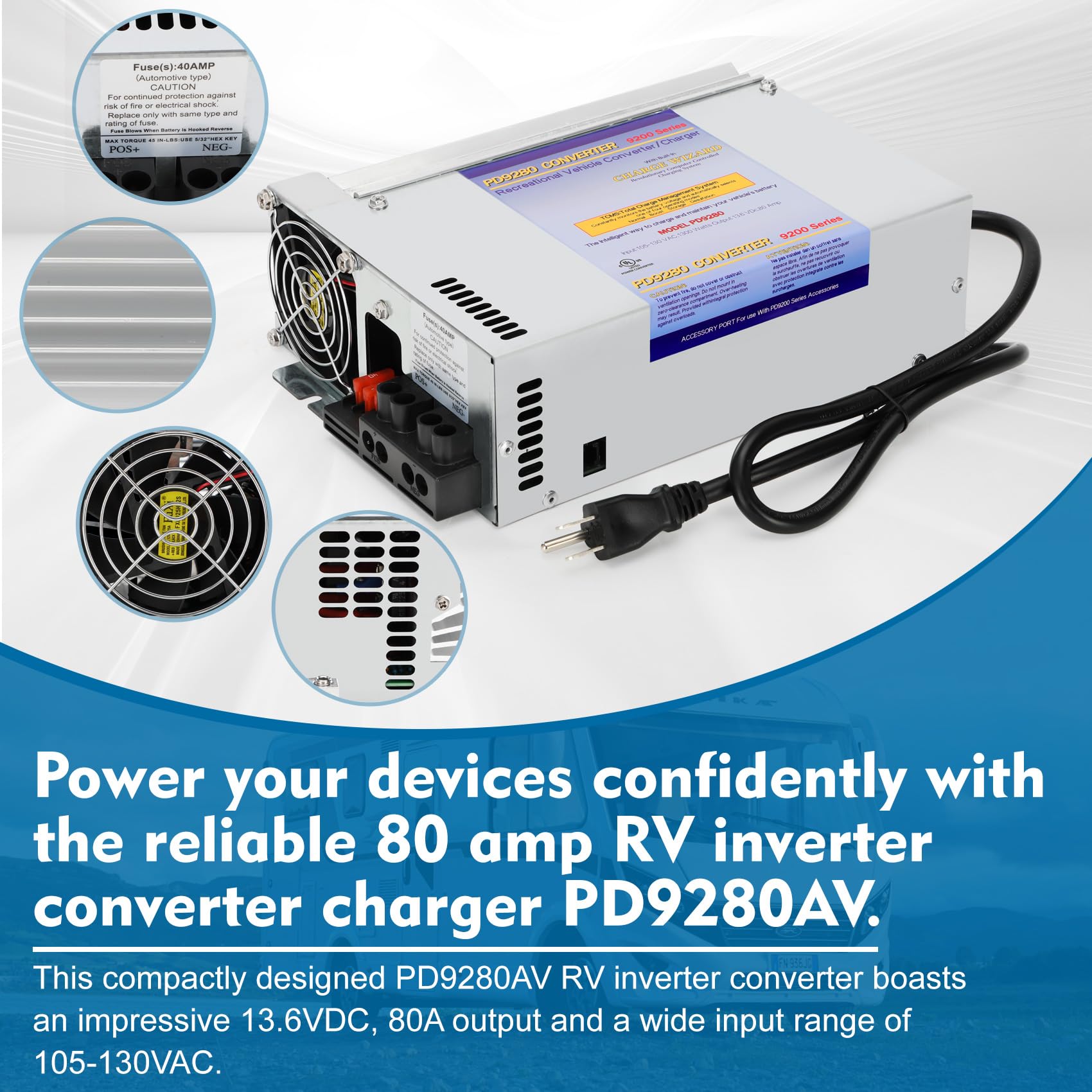80A RV Inverter Converter Charger PD9280AV - Intelligent Power Converter & Battery Charger for Lead Acid Batteries - Compatible with PD9200 Series - Perfect for RV Campers, Trailers & Caravans - Keep Your RV Powered On The Road & Off-Grid Adventures