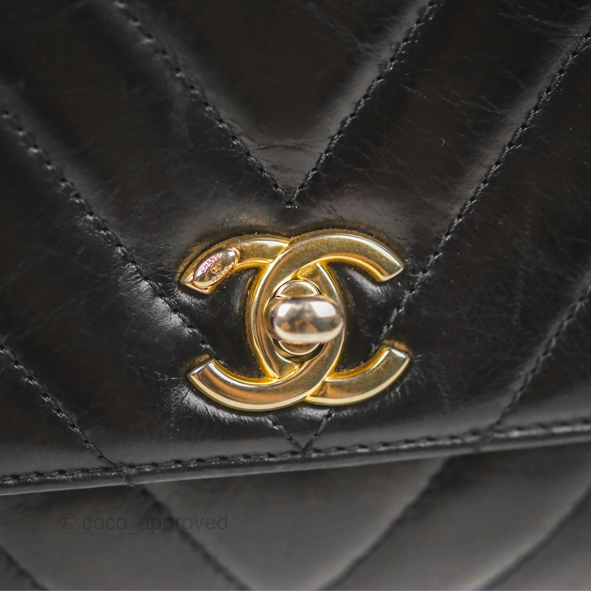 Chanel Chevron Small Coco Handle Bag - Black Shiny Aged Calfskin with Aged Gold Hardware | Luxury Crossbody Purse for Women, Perfect for Evening Parties & Date Nights