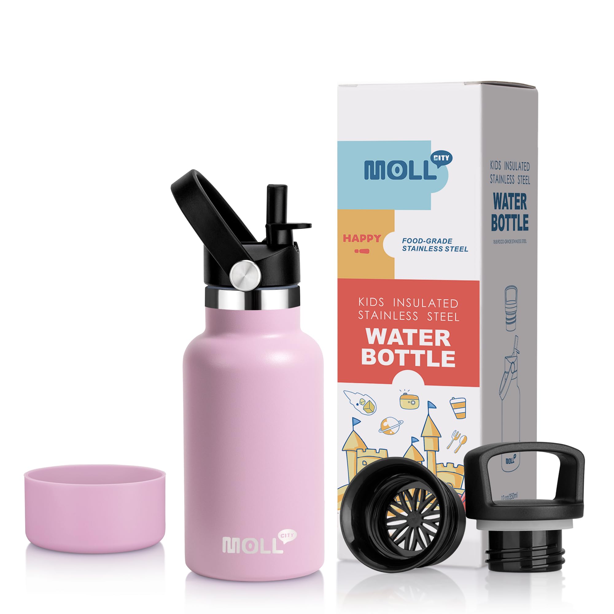 **Mollcity 12 oz Stainless Steel Water Bottle with Straw - Vacuum Insulated, BPA-Free, Reusable Metal Sports Bottle for Girls (Purple Pink) - Perfect for School, Gym & Outdoor Activities**