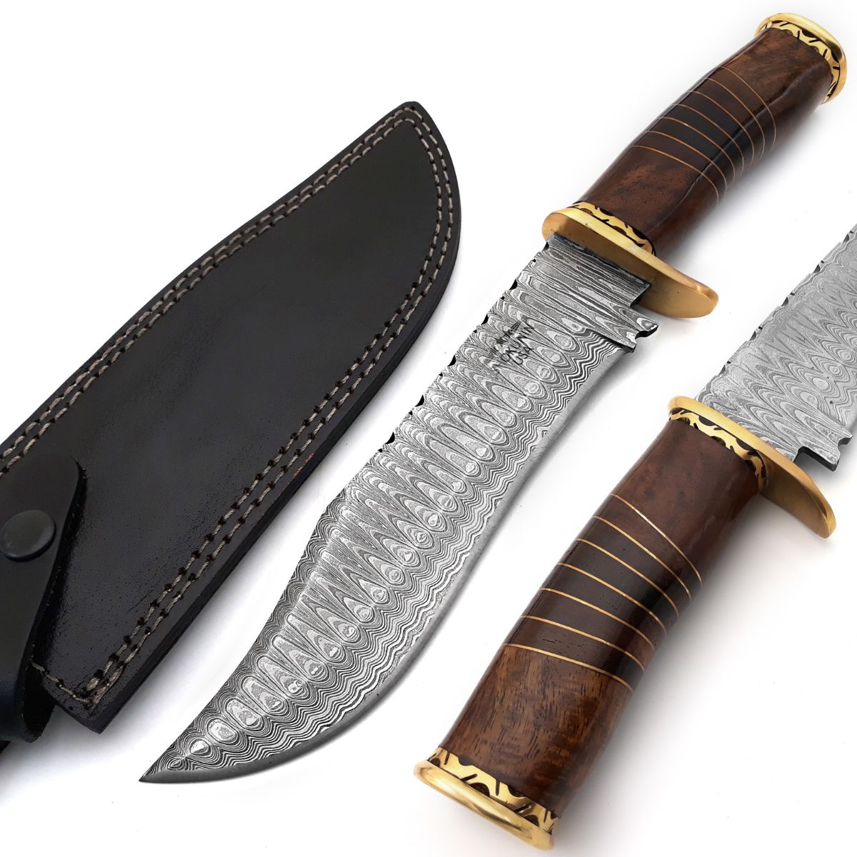 Premium Damascus Steel Bowie Knife with Rosewood Mosaic Handle - Hunting, Camping & Outdoor Survival Tool