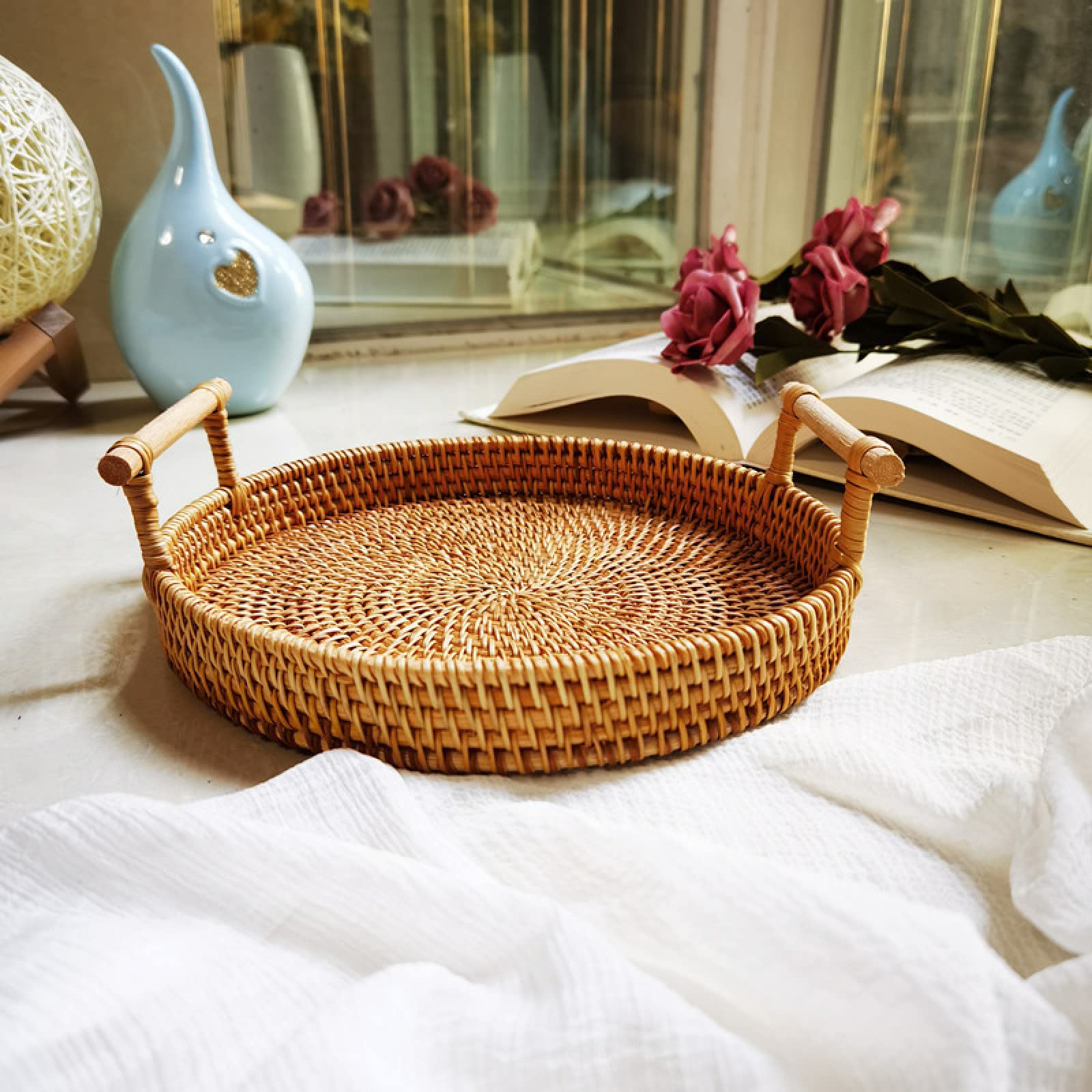 MRBJC Woven Wicker Fruit Basket with Handles - Wooden Serving Tray for Bread, Vegetables, Breakfast, Snacks & Drinks - Perfect for Dining Table, Coffee Table, Kitchen & Party Serving