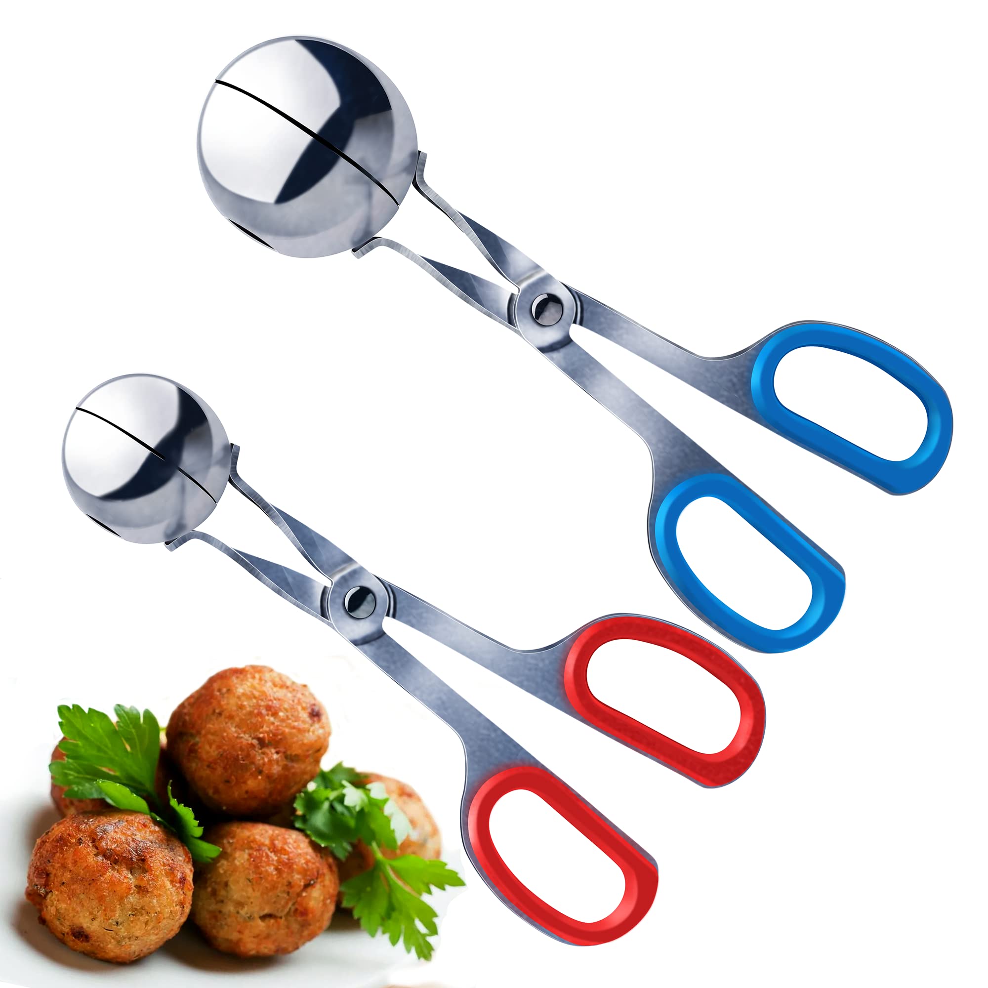 2-Pack Non-Stick Meatball Maker Tongs with Detachable Anti-Slip Handles - Stainless Steel Meatball Scoop Tool with Red & Blue Rubber Grips for Easy Homemade Meatballs, Meatball Soup & Italian Cooking
