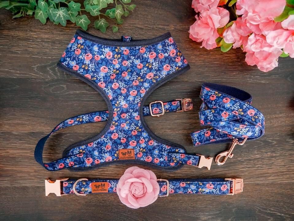 Rifle Paper Co Dog Harness - Navy Blue Rosa Floral Print Adjustable Pet Harness for Small & Medium Dogs | Perfect for Walks, Hiking & Outdoor Adventures