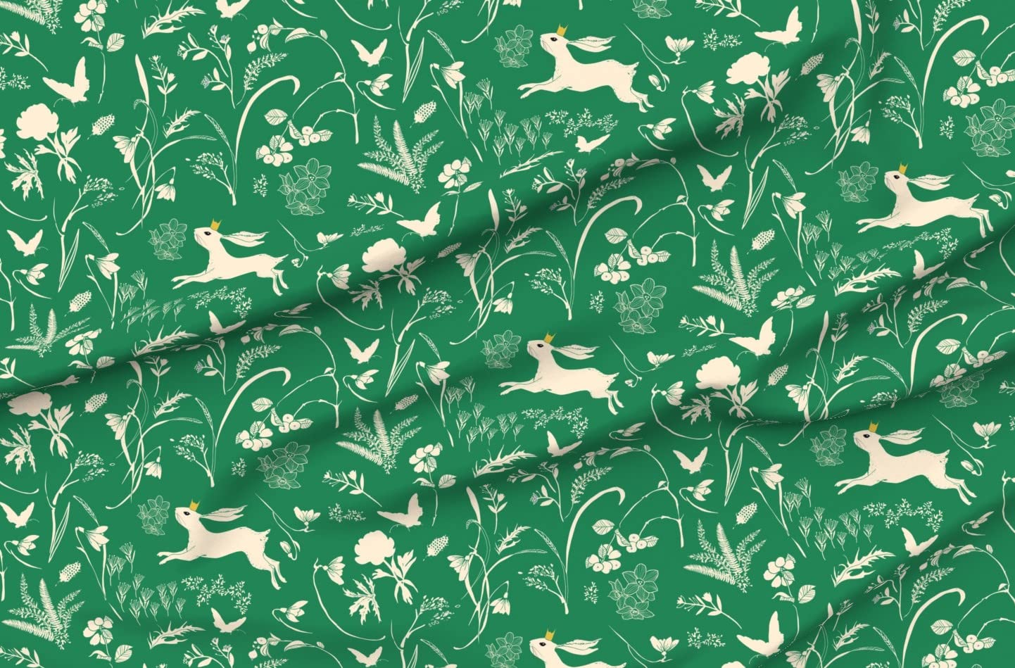 Rabbit Emerald Green Easter Spring Garden Woodland Fabric by The Yard - Printed Chiffon for Sewing Dresses, Fashion Apparel & Home Decor | Perfect for Easter Decorations, Spring Fashion & DIY Craft Projects
