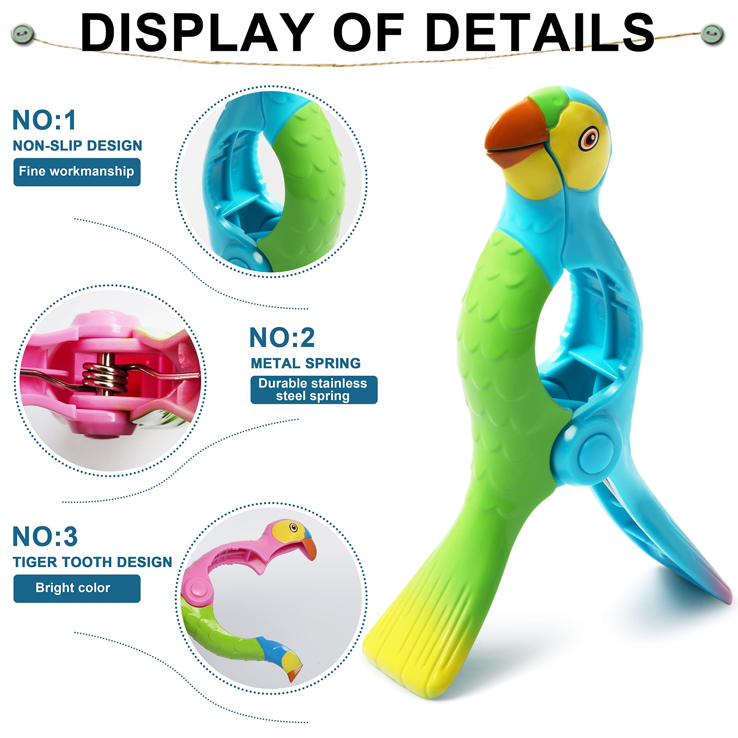 Kaluofan 4PCS Strong Parrot-Shaped Beach Towel Clips for Chairs - Vivid Blue & Pink - Perfect for Poolside, Beach, and Outdoor Relaxation