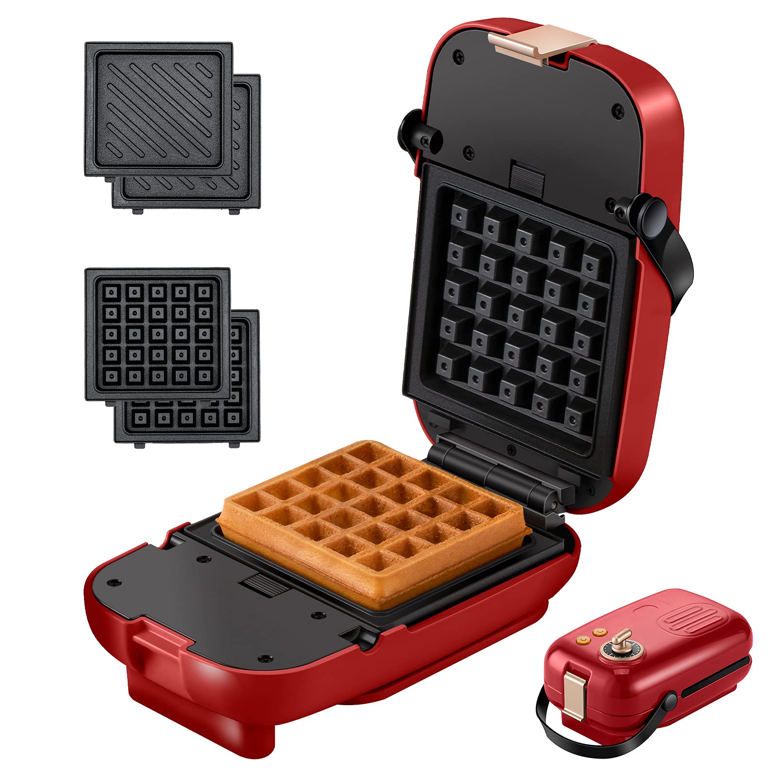Auertech 2-in-1 Sandwich & Waffle Maker - 650W Portable Panini Press Grill with Adjustable Timer (0-15 Mins), Non-Stick Detachable Plates, Indicator Lights & Cool-Touch Handle - Perfect for Breakfast, Snacks & Quick Meals (Red)