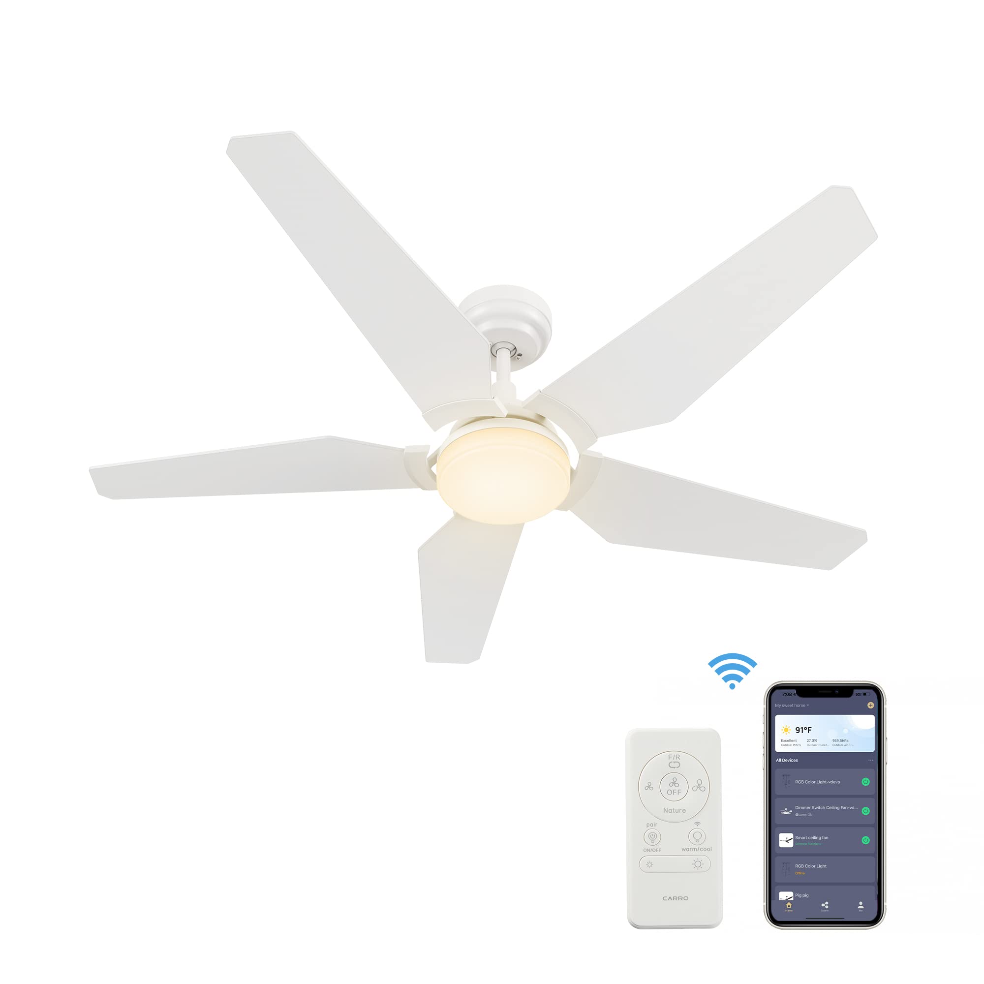 SMAAIR 52 inch Smart Ceiling Fan with Light - 5 Blade Low Profile Flush Mount Fan, 10 Speed Quiet DC Motor & Dimmable LED Light, APP/Alexa/Google Assistant/Siri Voice Control (White) - Perfect for Bedroom, Living Room, Kitchen and Office Spaces