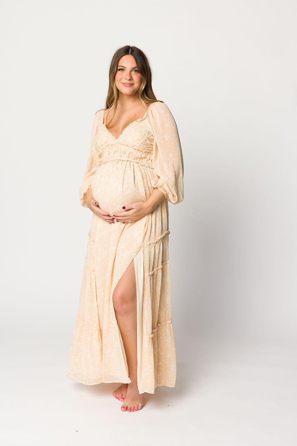 Light Beige Floral Long Sleeve Maxi Dress for Women - Bump Friendly Maternity Dress with Inclusive Sizing (XS-3XL) | Perfect for Pregnancy, Weddings & Special Occasions