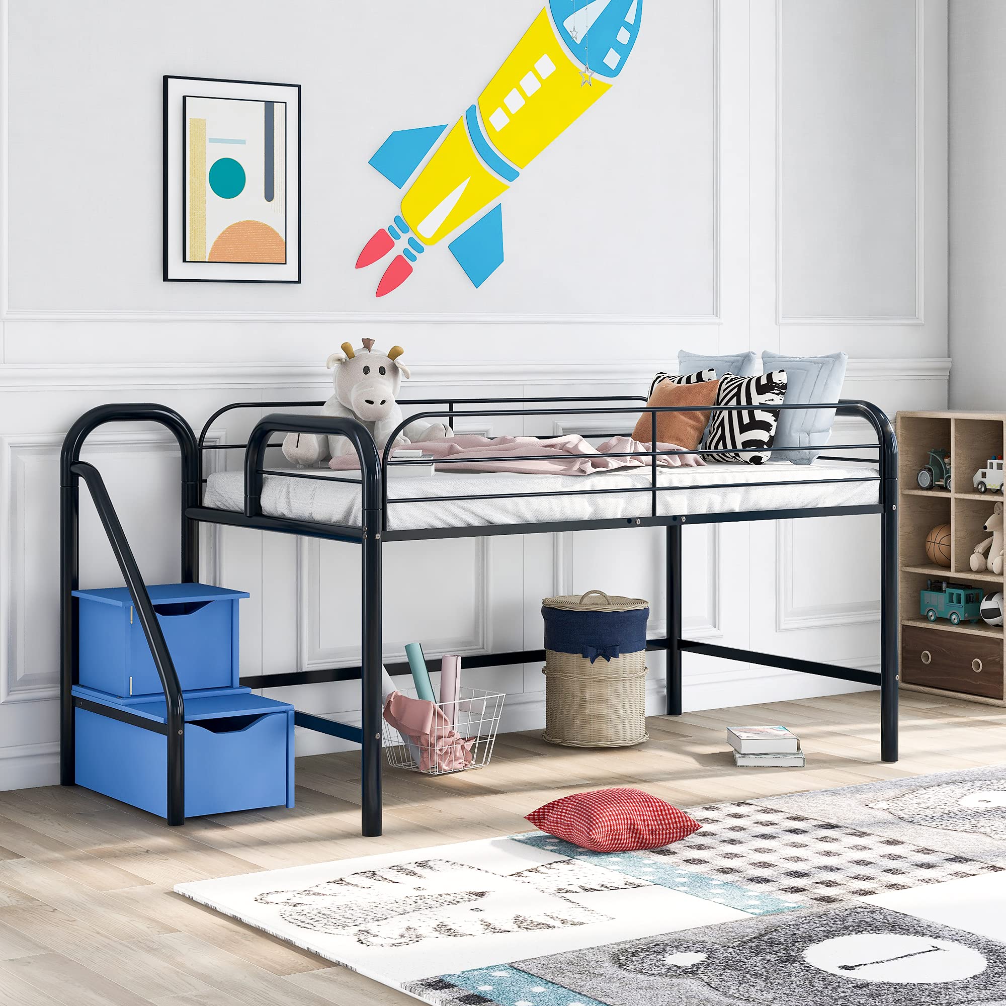 LZ LEISURE ZONE Twin Loft Bed with Storage Steps - Sturdy Metal Low Loft Bunk Bed Frame, No Box Spring Required (Black & Blue) - Perfect for Kids' Rooms, Dorms & Small Spaces