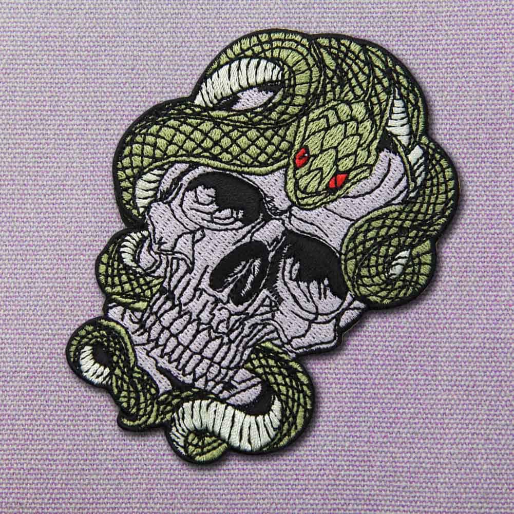 Snake and Skull Embroidered Patch - Iron On or Sew On Badge for Jackets, Hats, Bags - Gothic Punk Style DIY Accessories for Clothing and Backpacks