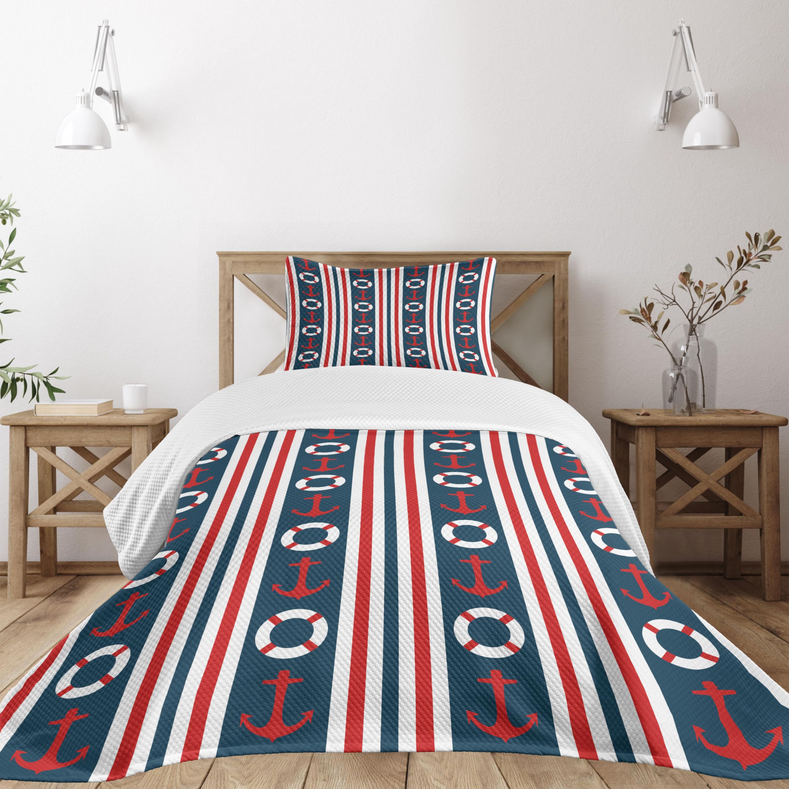 Ambesonne Nautical Twin Size Bedspread Set - 3 Piece Maritime Themed Bedding with Anchor & Steering Wheel Stripes in Indigo Red White | Perfect for Coastal Bedrooms, Beach House Decor & Sailor Theme Rooms