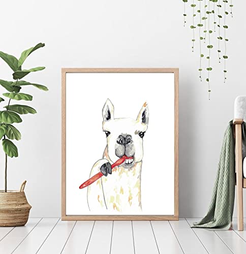 Funny Llama Brushing Teeth Watercolor Art Print - 5x7 Inch Alpaca Bathroom Poster for Kids Room, Nursery & Washroom Decor - Cute Humor Wall Art for Bathroom, Bedroom or Office
