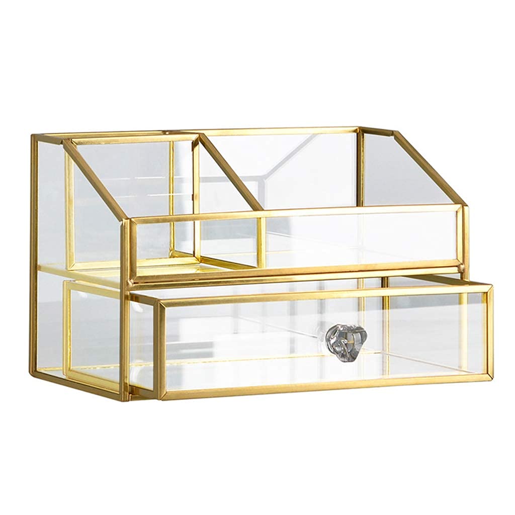 Brass and Glass Cosmetic Organizer Box with Drawer - Gold Bathroom Storage for Makeup Display - 7.3