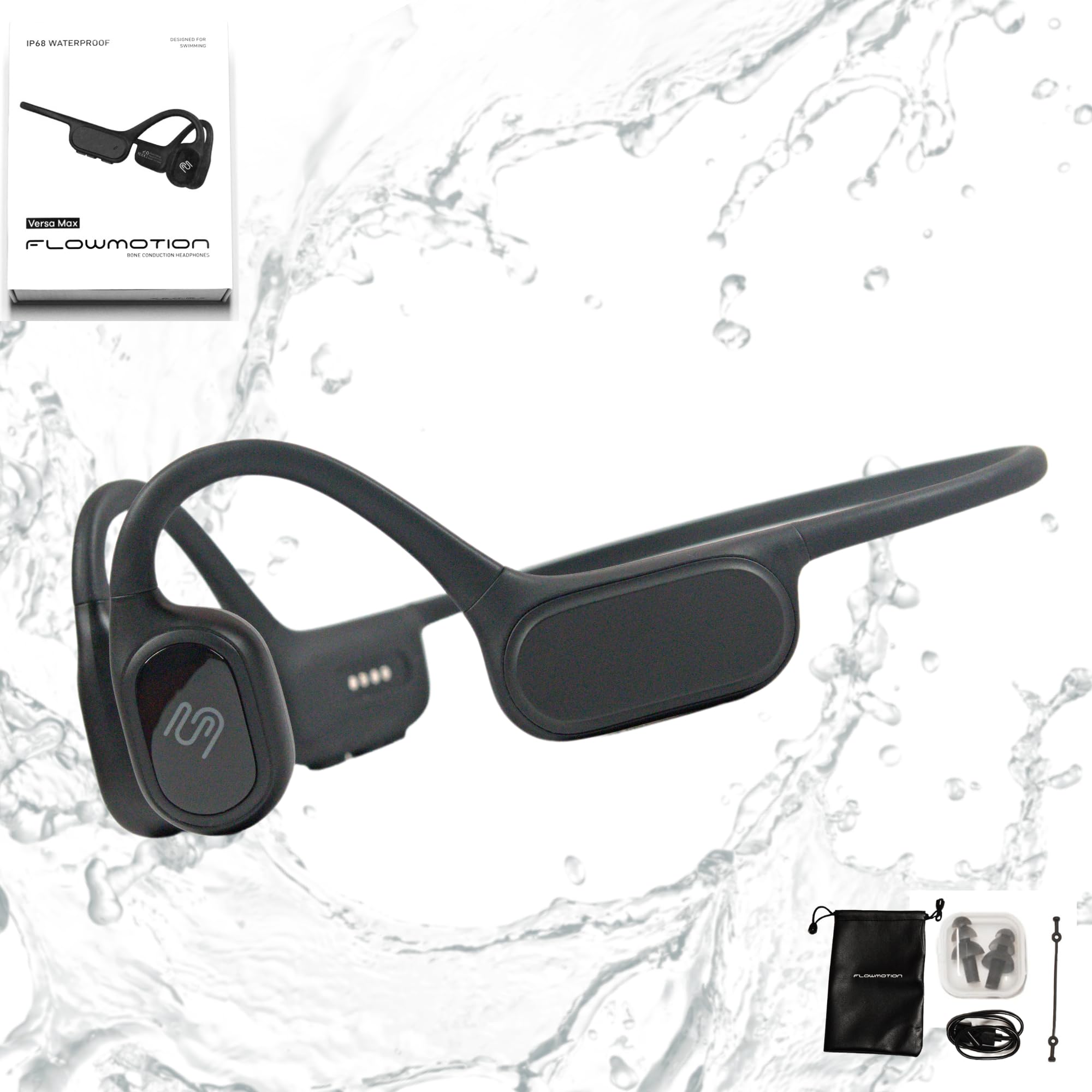 FlowMotion Versa Open-Ear Bluetooth Bone Conduction Headphones with 32GB MP3 Player | IP68 Waterproof | Secure Fit for Swimming, Running, Cycling & Gym Workouts | Built-in Mic | Perfect for Outdoor Sports & Water Activities