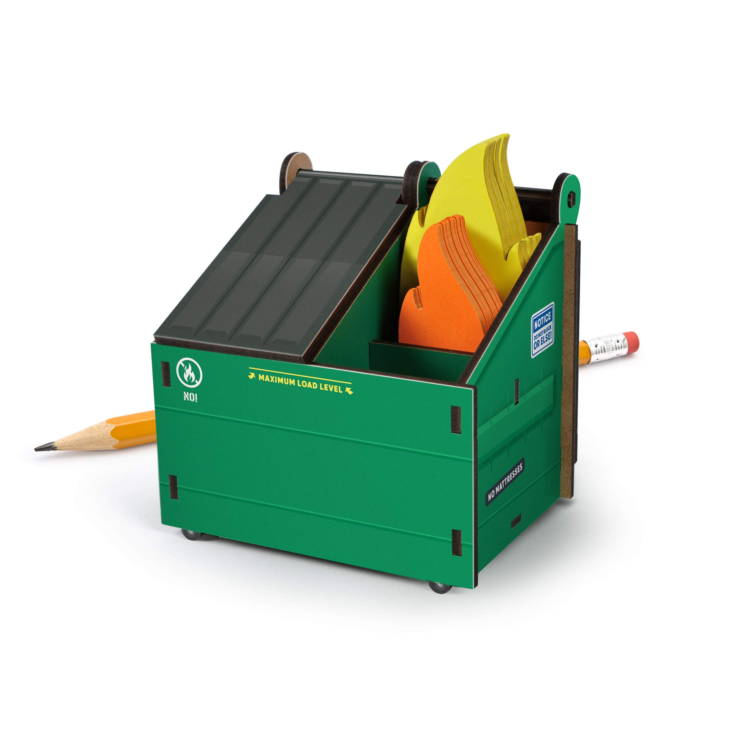 Genuine Fred DESK DUMPSTER 3-Compartment Pencil Holder with Flame Note Cards - Organize Office Supplies, Pens & Stationery for Home, School & Work Desk Organization