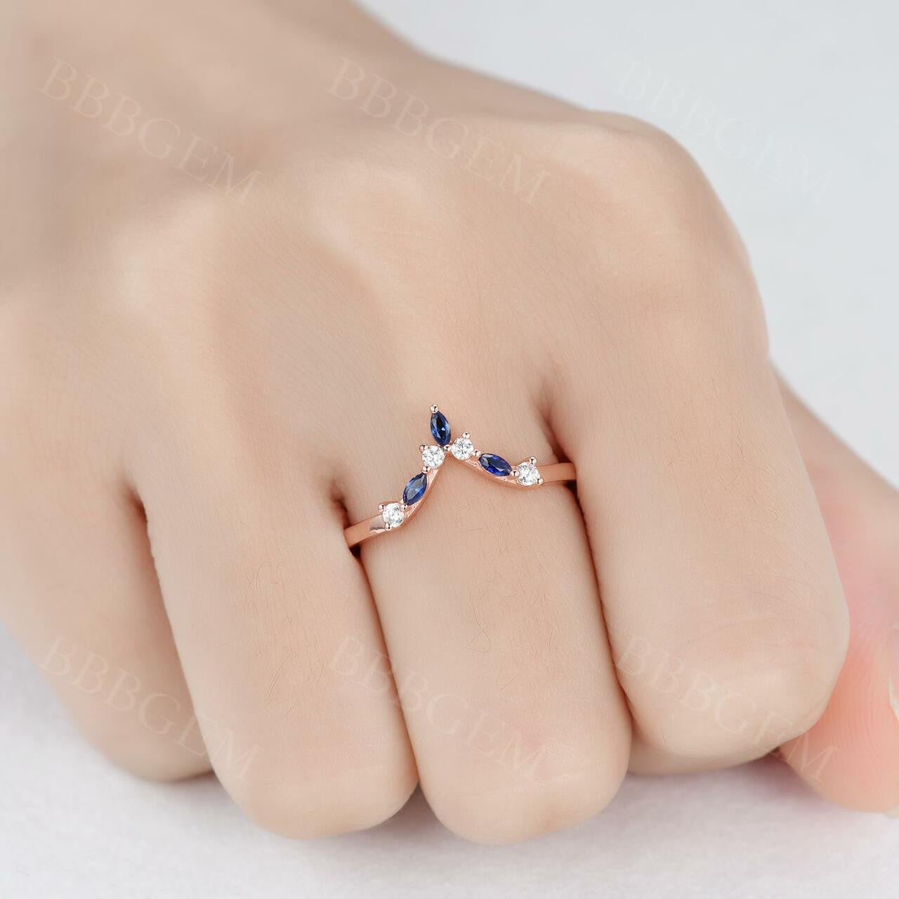 Rose Gold Diamond Sapphire Wedding Band - Curved V-Shaped Matching Ring Set for Women | Elegant Bridal Jewelry for Engagement, Anniversary & Special Occasions