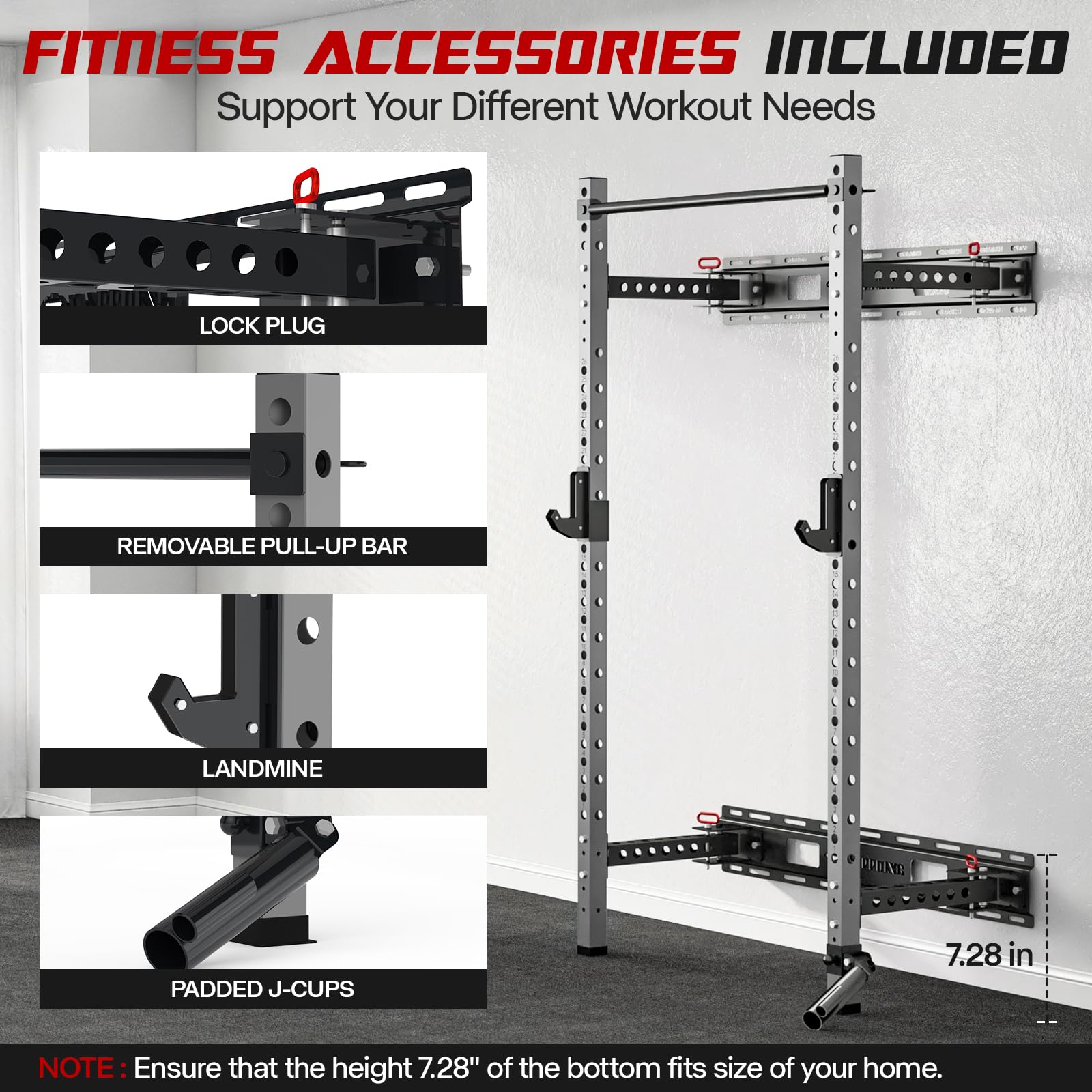 Foldable Wall Mounted Squat Rack - 1100 LBS Capacity Power Cage with Pull Up Bar, J-Cups & Landmine for Home Gym | Space Saving Foldable Design for Garage Workouts & Strength Training