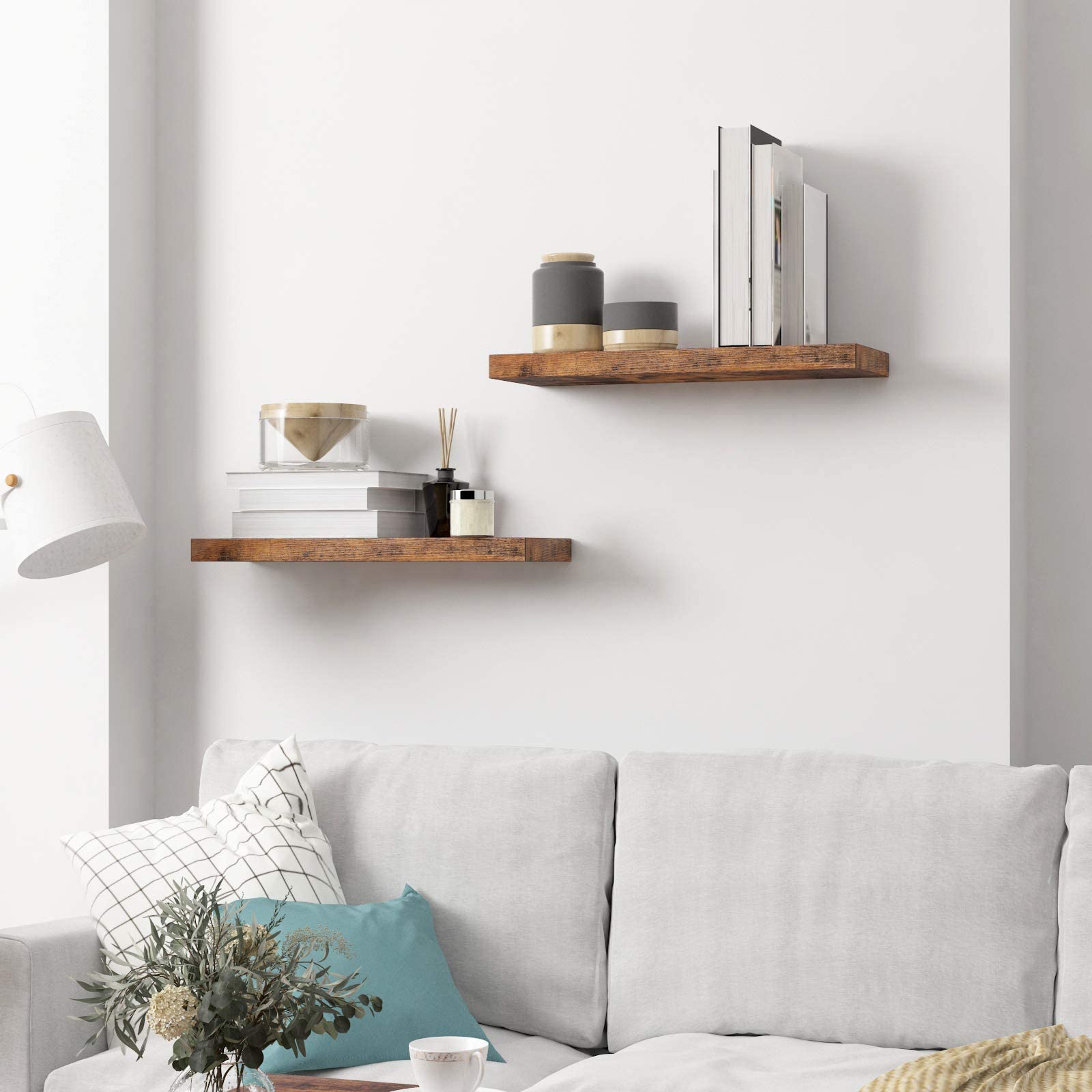 HOOBRO 23.6 Inch & 35.4 Inch Floating Wall Shelves Set - Rustic Brown Wooden Shelves for Living Room, Bedroom, Kitchen | 2-Piece & 3-Piece Bundle (BF60BJ01-BF90BJ01) | Perfect for Home Decor, Books, Plants & Display Storage