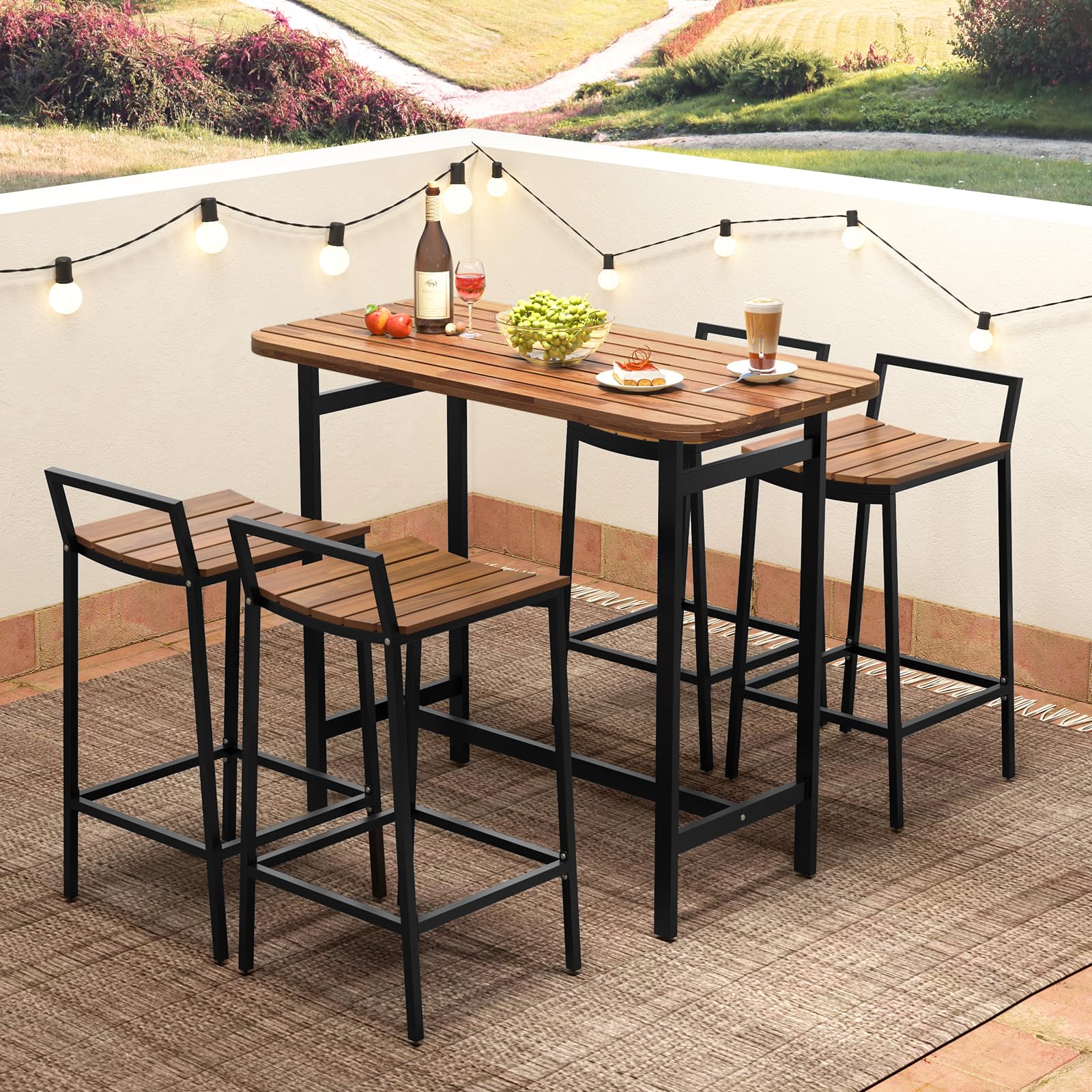 Tangkula 5-Piece Acacia Wood Outdoor Bar Table Set with Metal Frame & Footrest - Patio Bar Height Table & Chairs for 4, Perfect for Deck, Garden, Poolside & Backyard Entertaining