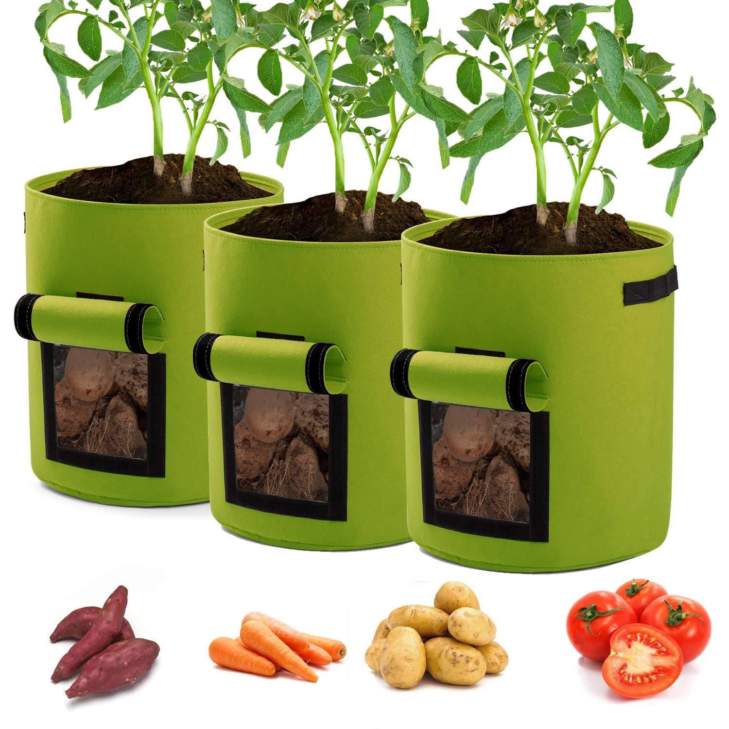 7 Gallon Potato Planter Bags 3-Pack - Breathable Grow Bags for Tomatoes, Vegetables & Plants with Handles & Access Flap (Green) - Ideal for Indoor/Outdoor Gardening, Balcony & Patio Planting