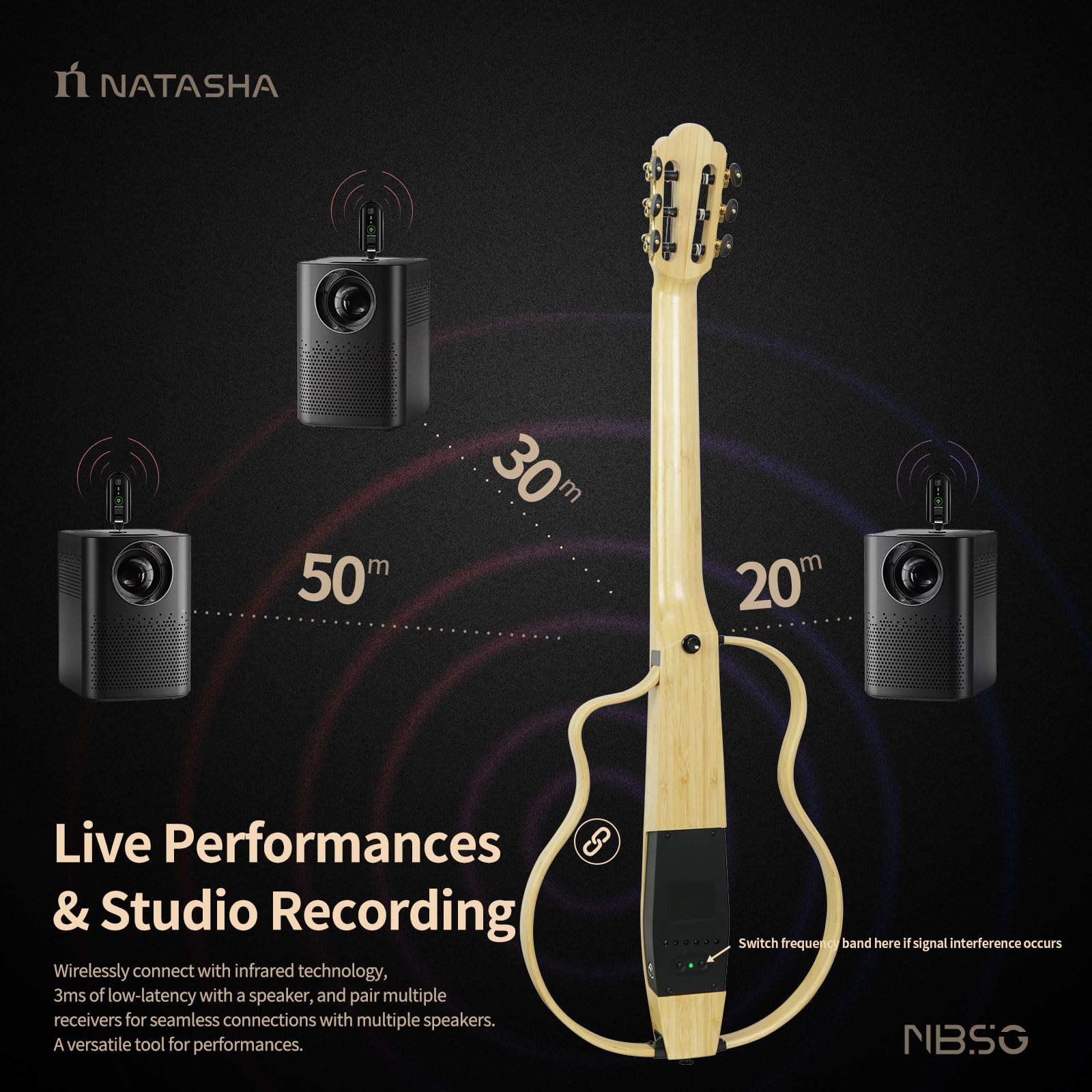 Natasha Bamboo Beginner Smart Guitar - Nylon String Classical Guitar for Kids & Adults with Removable Frames, Wireless Receiver, USB Cable & Gig Bag | Perfect for Home Practice, Music Lessons & Travel