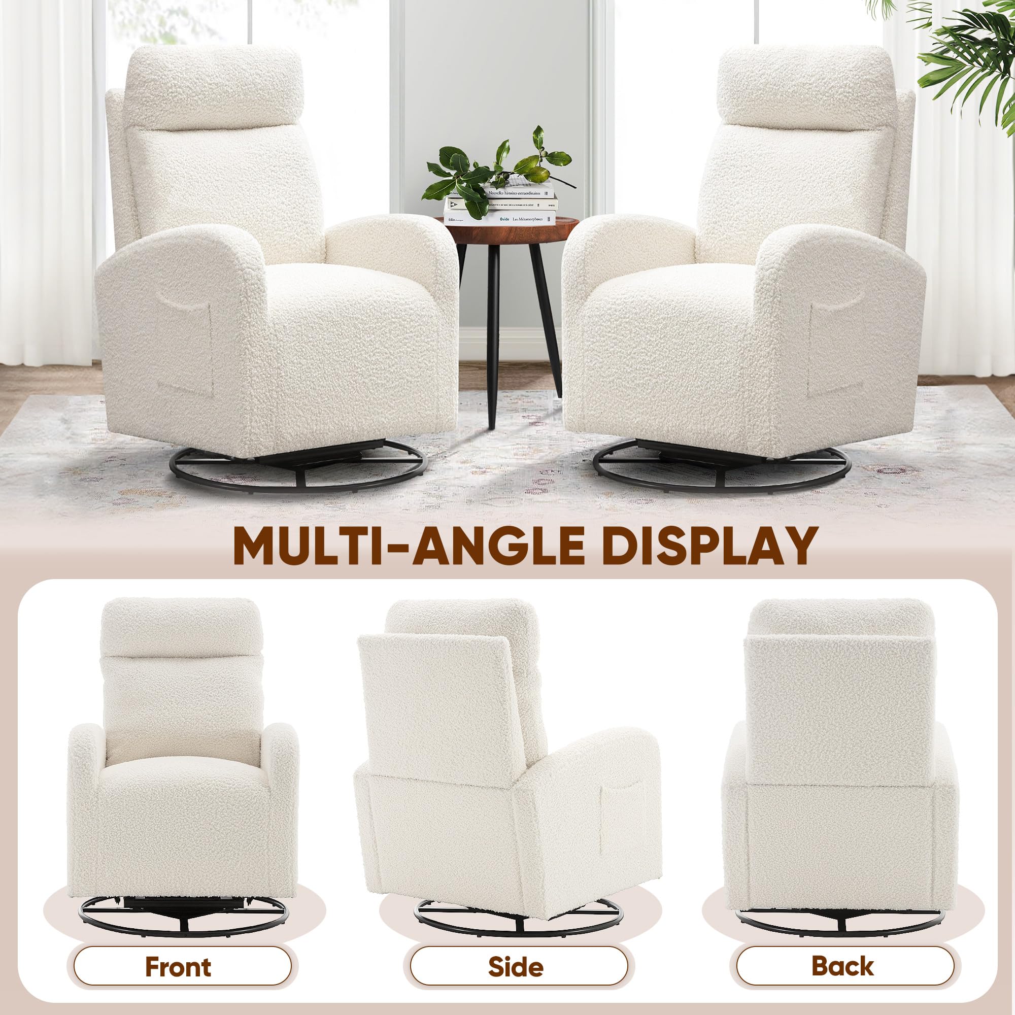 360° Swivel Glider Chair for Nursery & Living Room - Modern Ergonomic Rocking Recliner with High Back & Side Pocket - Cream White Boucle Upholstered Accent Chair for Bedroom, Nursery, Office - Perfect for Nursing, Relaxing & Reading