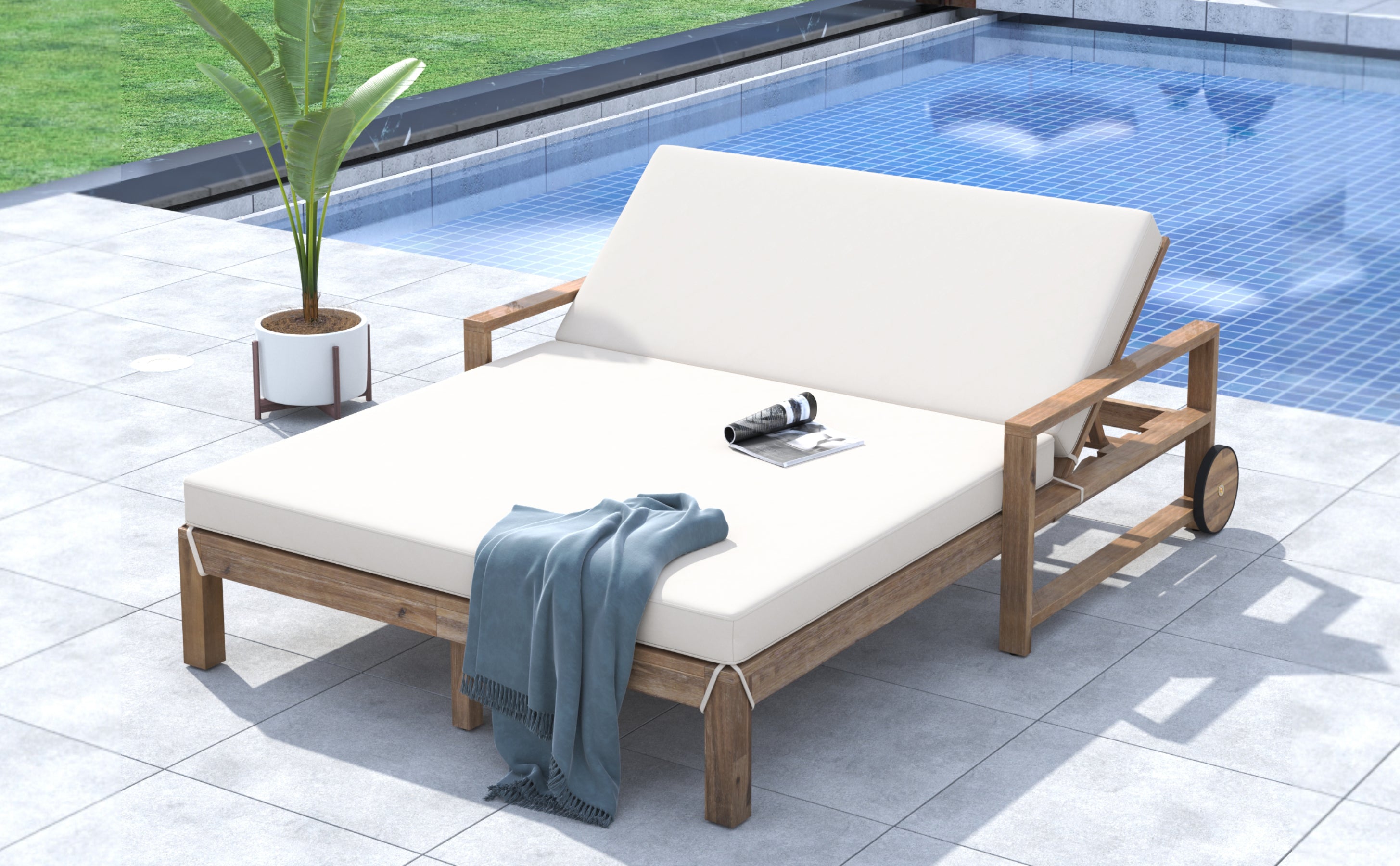 Farmhouse Style Wooden Outdoor Sunbed - 2 Person Daybed for Poolside, Garden & Backyard Relaxation | Weather-Resistant Beige Finish | Perfect for Lounging, Sunbathing & Outdoor Entertaining
