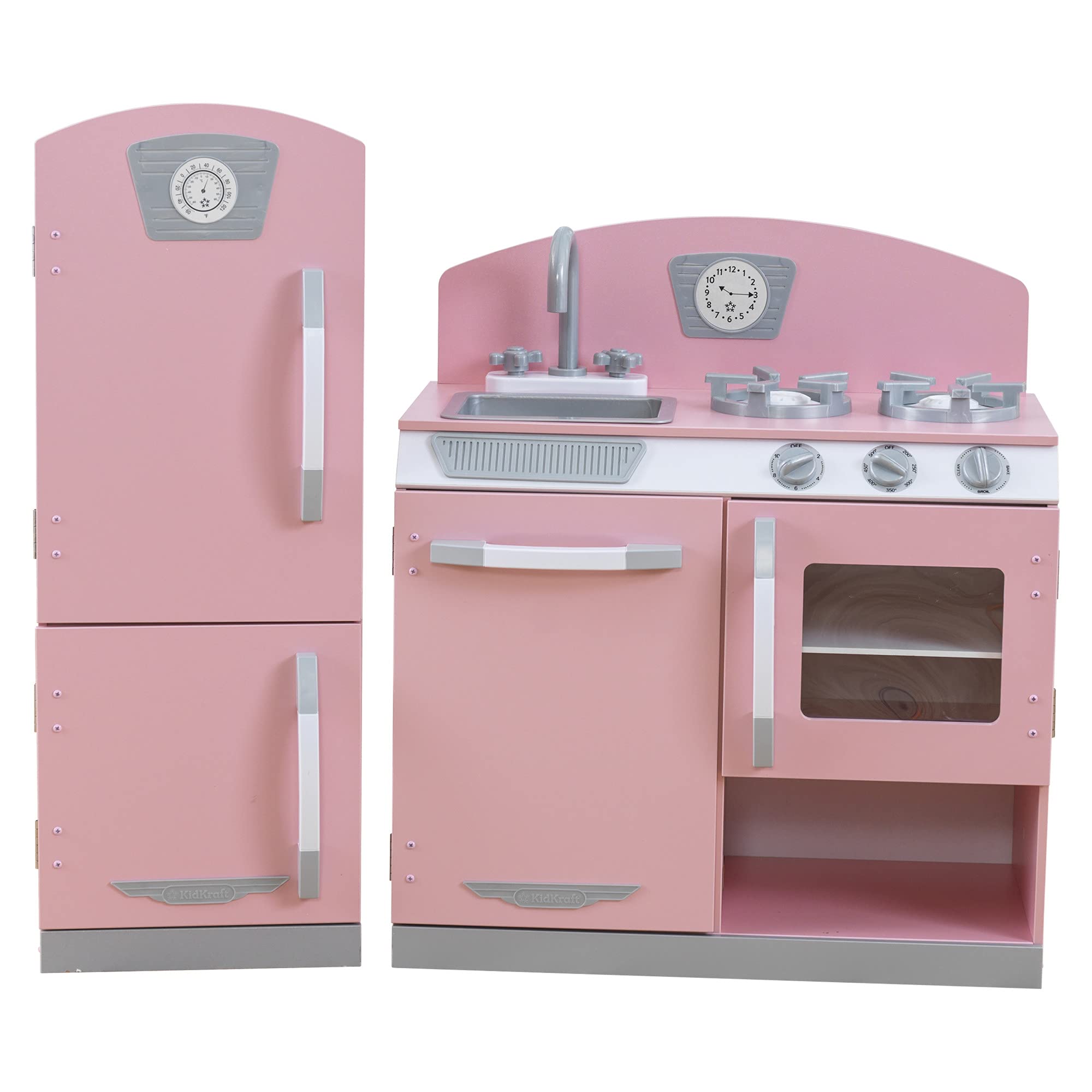 KidKraft Retro Wooden Play Kitchen Set with Refrigerator - Pink Pretend Play Toy for Kids Ages 3+ | Includes Faucet, Sink, Burners & Working Knobs | Perfect for Imaginative Play, Birthday Gifts & Preschool Learning