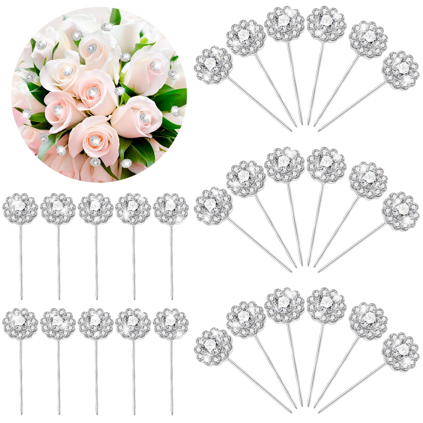 50pcs Rhinestone Floral Pins for Wedding Bouquets & Corsages