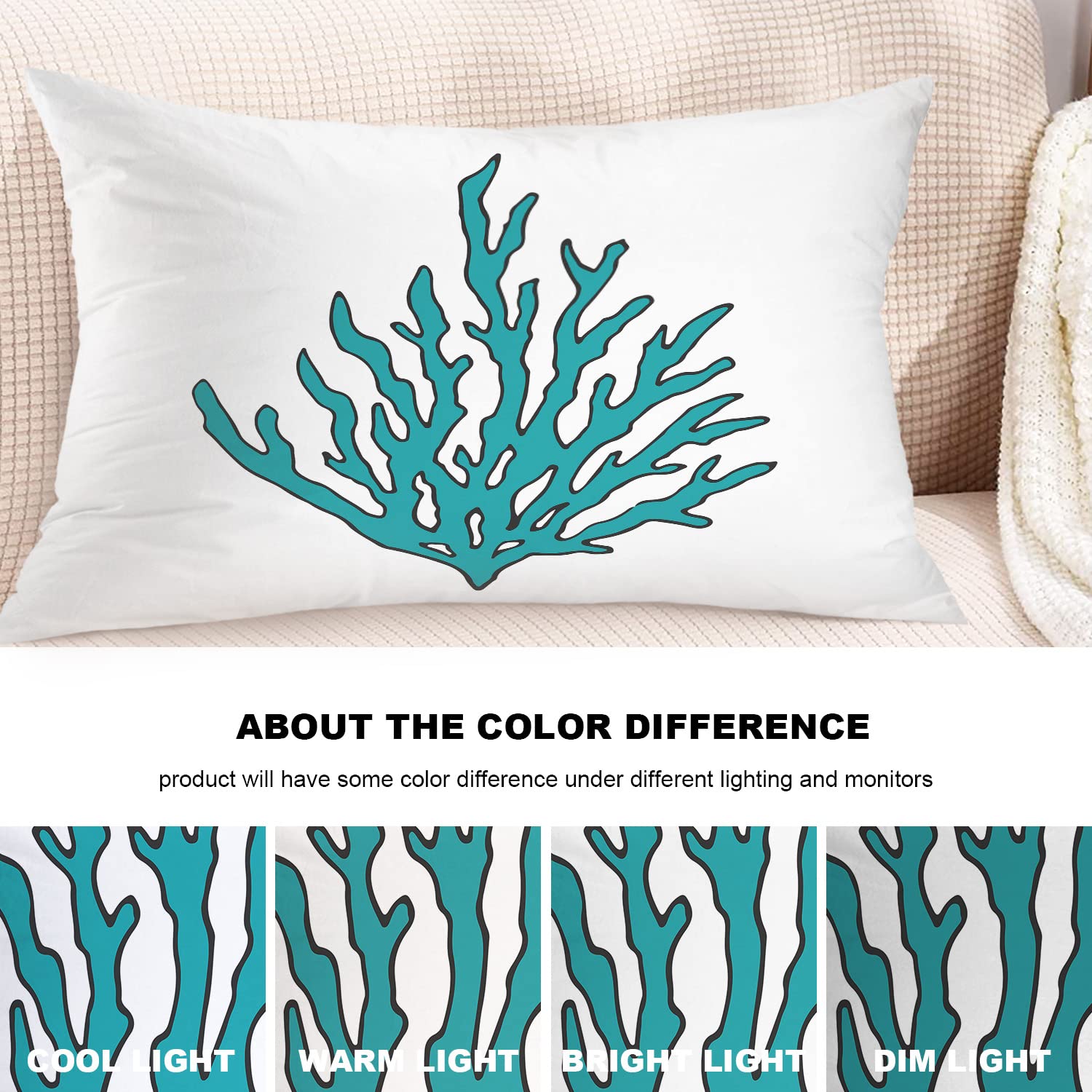 Nautical Decorative Pillow Covers 12x20 Inch - Blue Coral & Seaweed Cartoon Design Cotton Lumbar Cushion Cases for Sofa, Bed, Boat & Beach House Decor