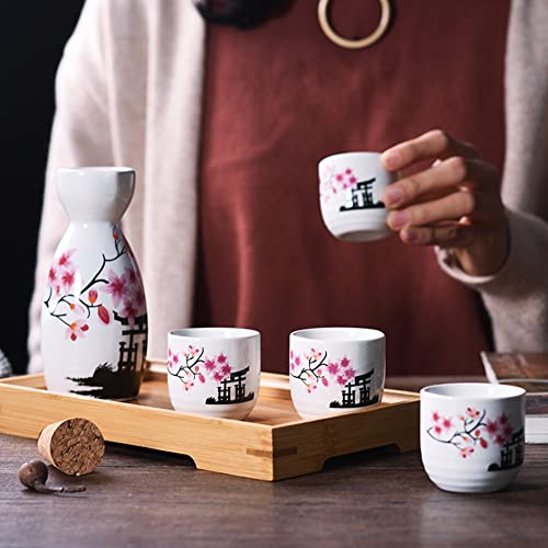 5 Pcs Traditional Japanese Sake Set - Hand Painted Porcelain Sake Cups & Ceramic Pottery (Pink Flower Design, 200ml) - Perfect for Japanese Dining, Sake Tasting, and Home Bar Decor