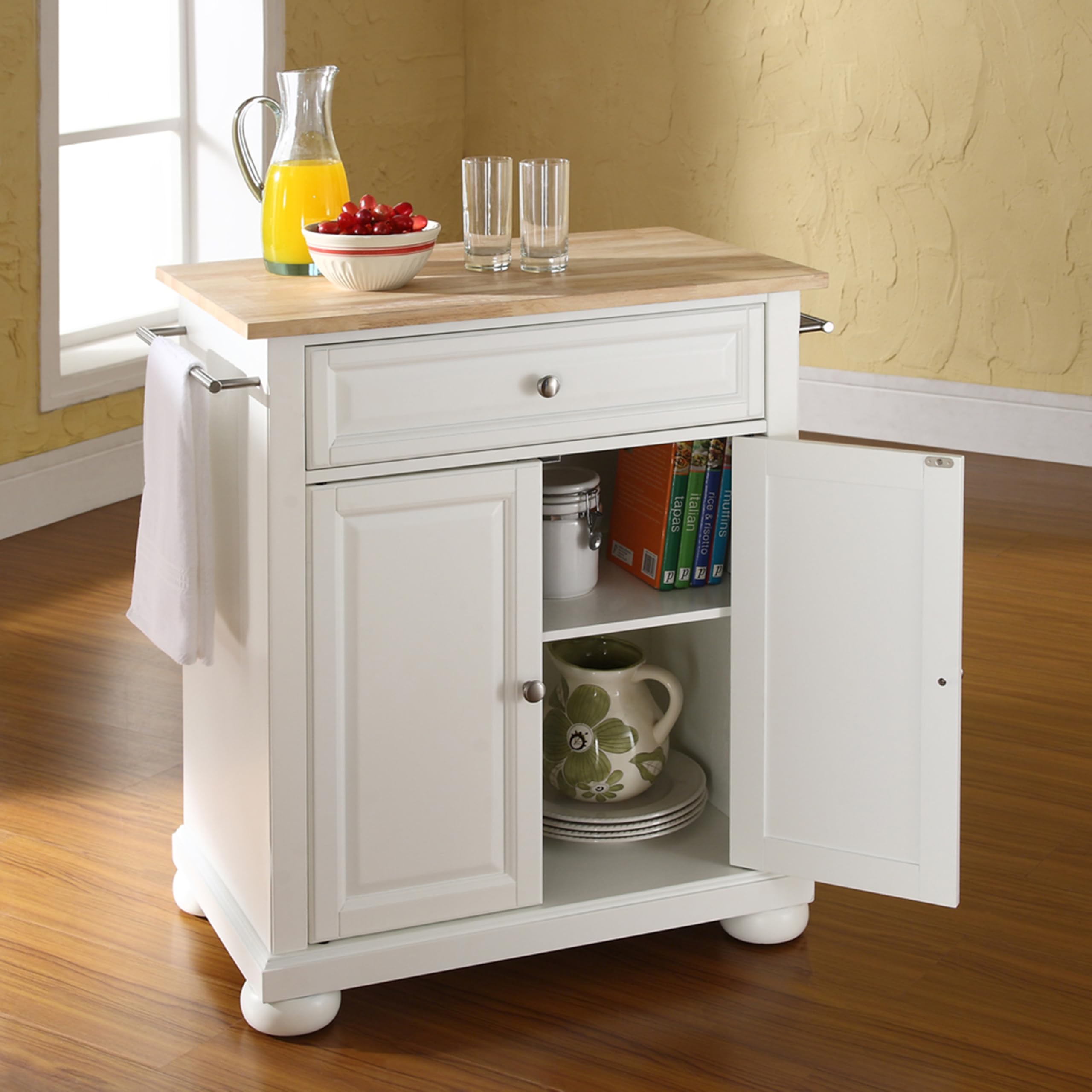 Crosley Alexandria Portable Kitchen Island Cart with Wood Top - White Rolling Microwave Stand for Small Spaces | Perfect for Apartments, Dorms & Compact Kitchens