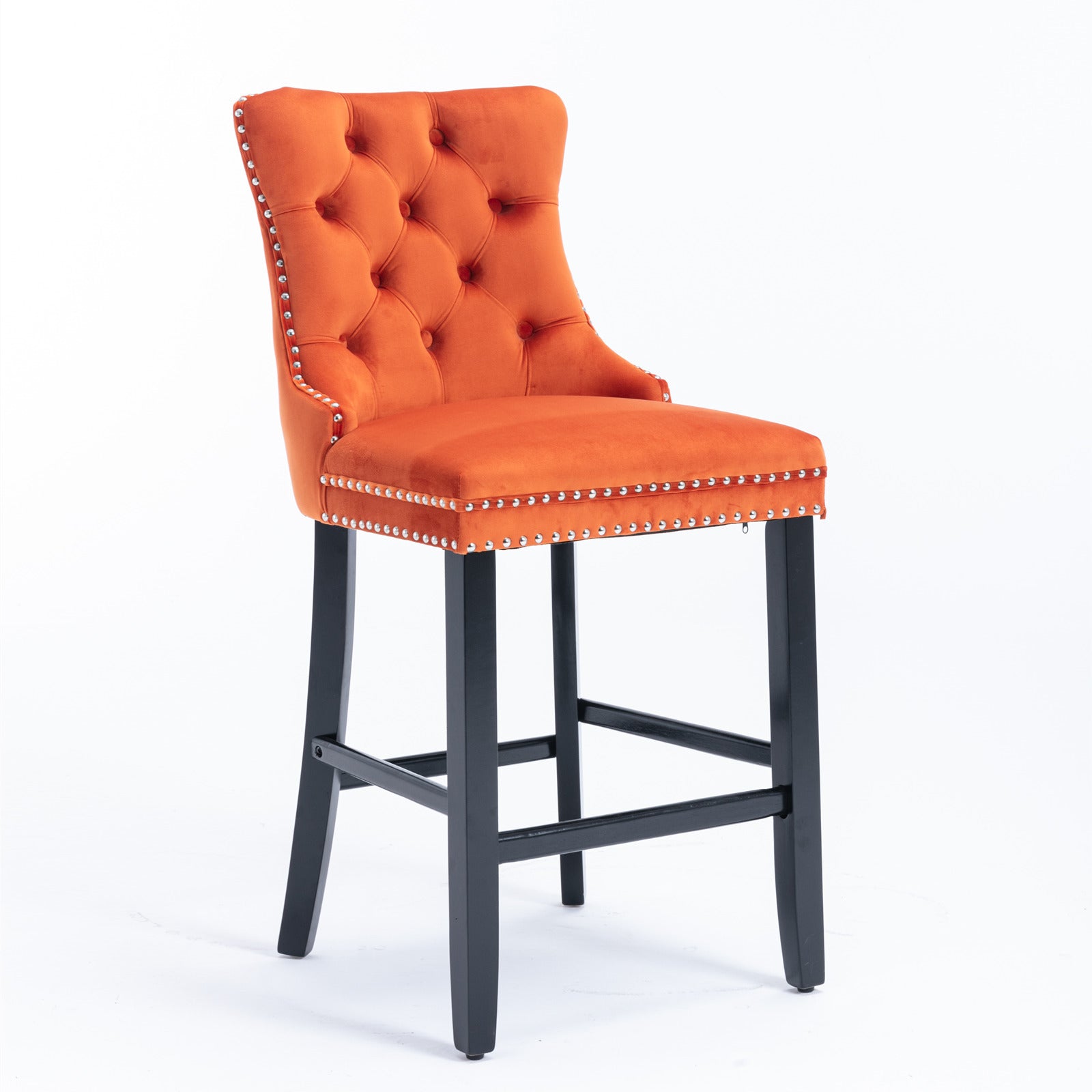 Luxury Velvet Bar Stools Set of 2 - Modern Button Tufted Bar Chairs with Wooden Legs & Chrome Nailhead Trim - Orange Upholstered Counter Stools for Kitchen Island, Home Bar & Dining Room Decor