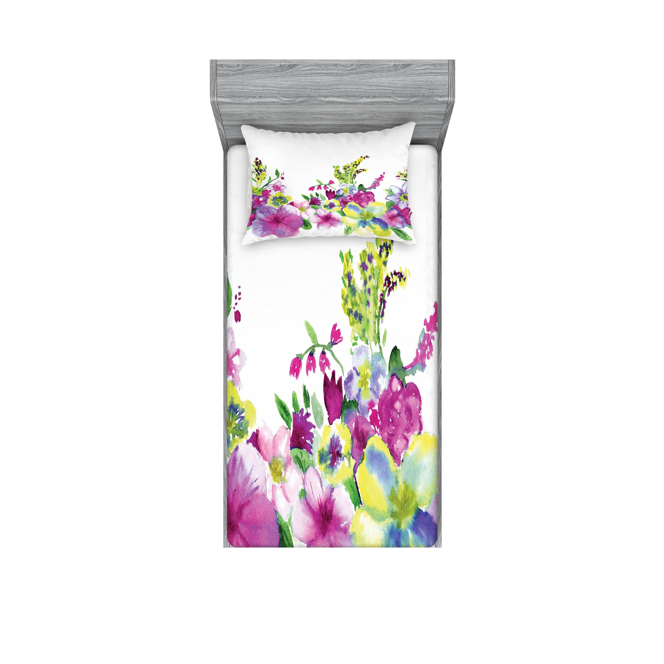 Ambesonne Watercolor Flower Fitted Sheet & Pillow Sham Set - Hybrid Garden Floret Composition with Heathers and Stocks Abstract Art - Decorative Printed 2-Piece Twin Bedding Set in Pink & Green - Perfect for Guest Rooms, Dorm Decor & Boho Chic Bedroom Styling