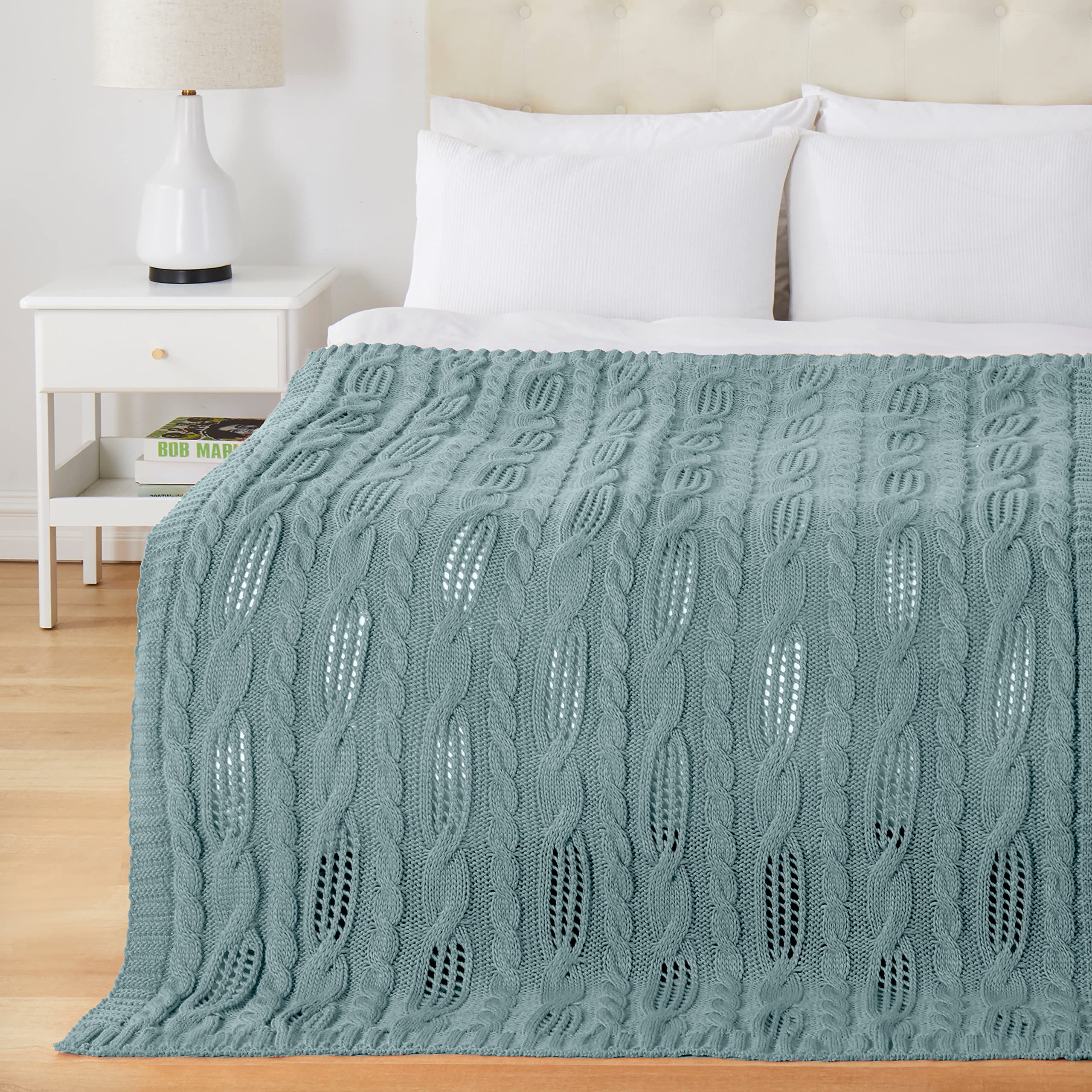 Milvowoc 50x60 Inch Cable Knit Throw Blanket - Soft Acrylic Knitted Blanket in Blue Green, Cozy Decorative Couch Blanket for Sofa, Bed & Home Decor | Perfect for Living Room, Bedroom & Gift Giving