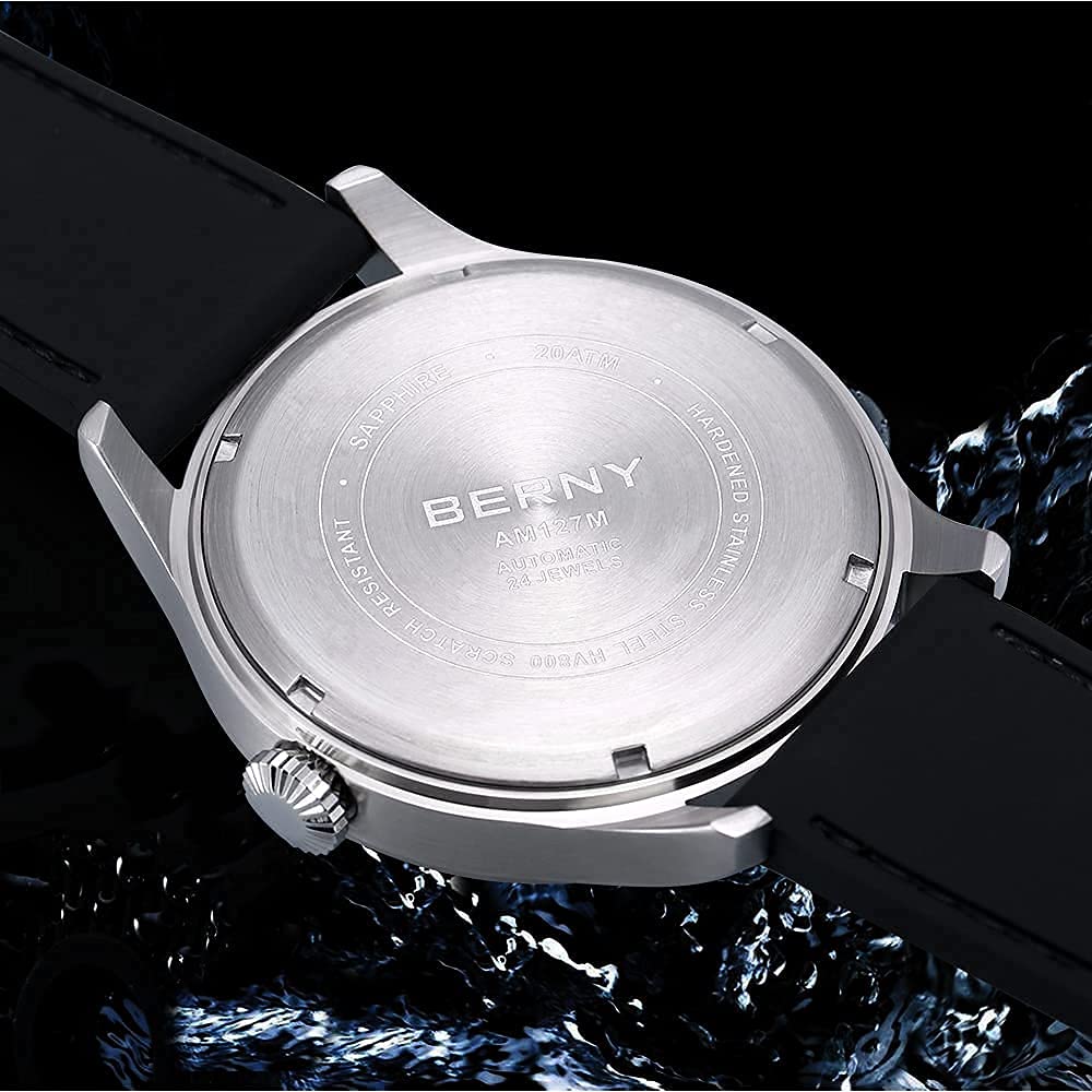 BERNY Men's Automatic Self-Winding Mechanical Watch - 20ATM Waterproof, Sapphire Crystal Glass, Scratch Resistant, Super Luminous, Oversized Dial (No Battery Needed) - Perfect for Business, Casual Wear & Outdoor Activities