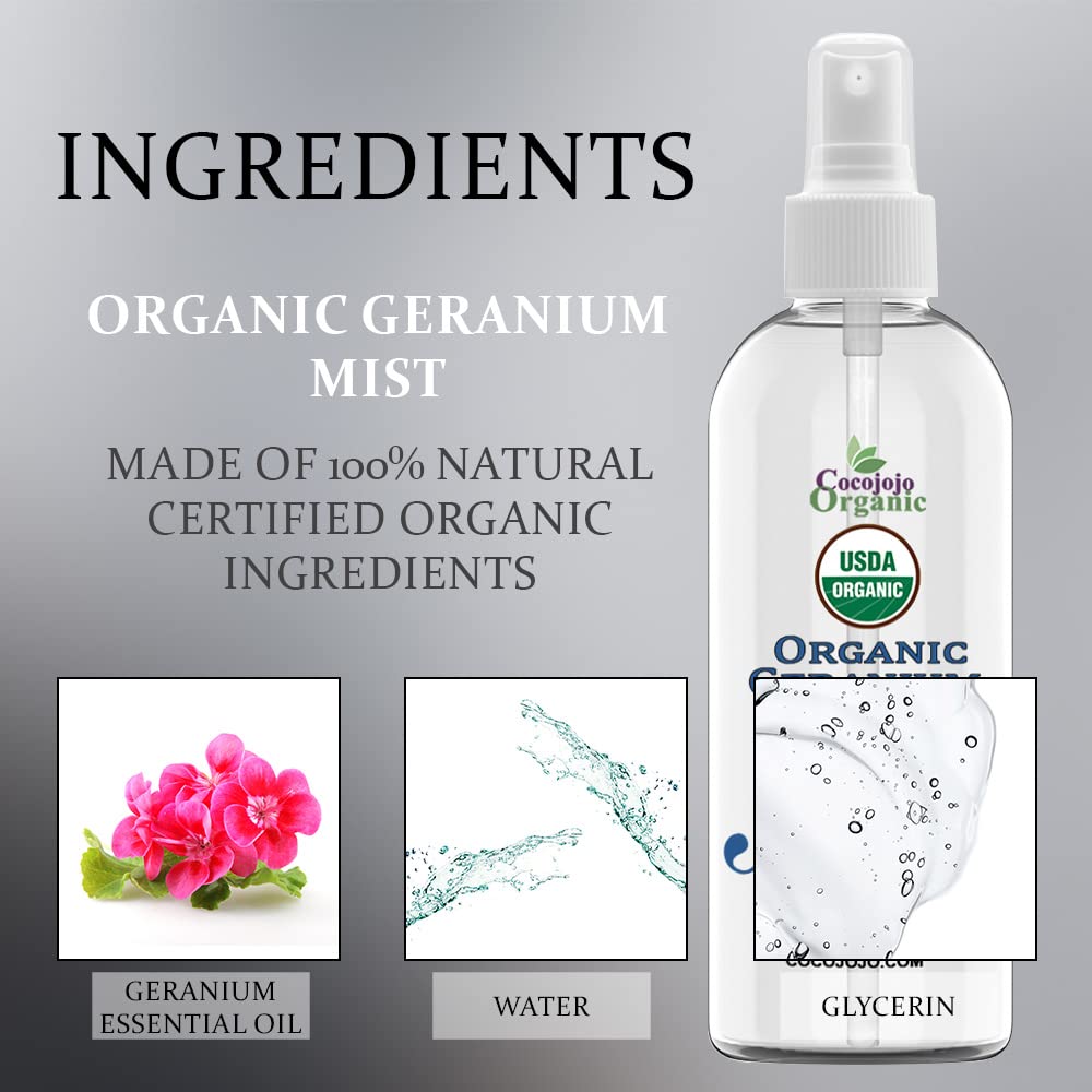 USDA Organic Geranium Mist for Face & Body - Hydrating Toner Spray for Dry Skin & Shiny Hair with Geranium Essential Oil & Glycerin - Natural Skincare & Hair Care Solution for Daily Use - Perfect for Home, Travel & Gym (4 oz)
