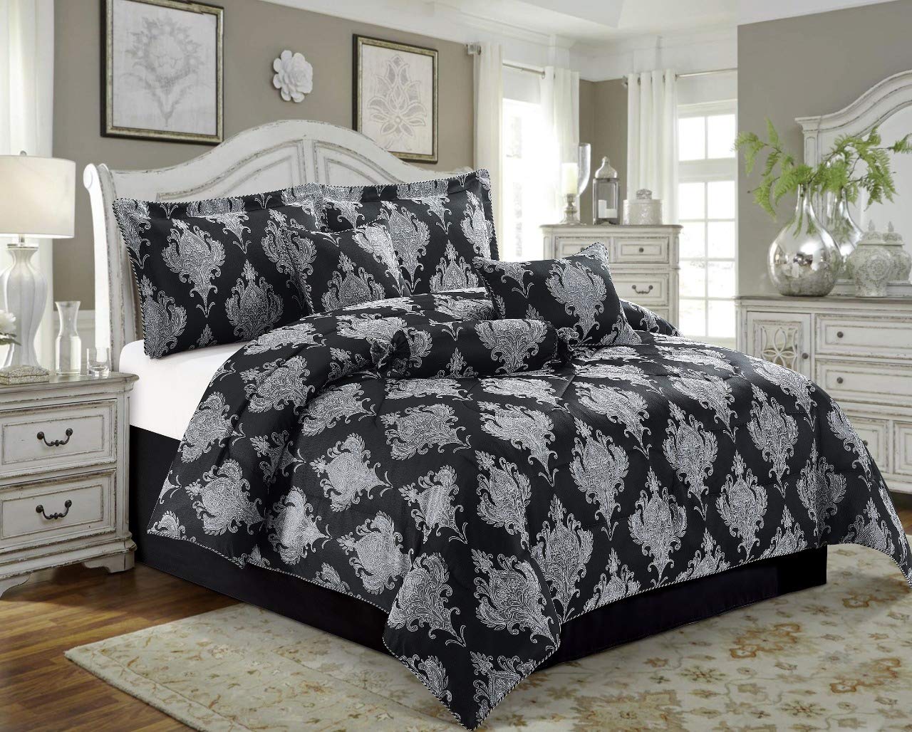 Luxury 7-Piece Quilted Jacquard Comforter Set - Ultra Soft Bedspread & Throw Blanket - Emma Black - Super King Size for Master Bedroom & Guest Room Decor